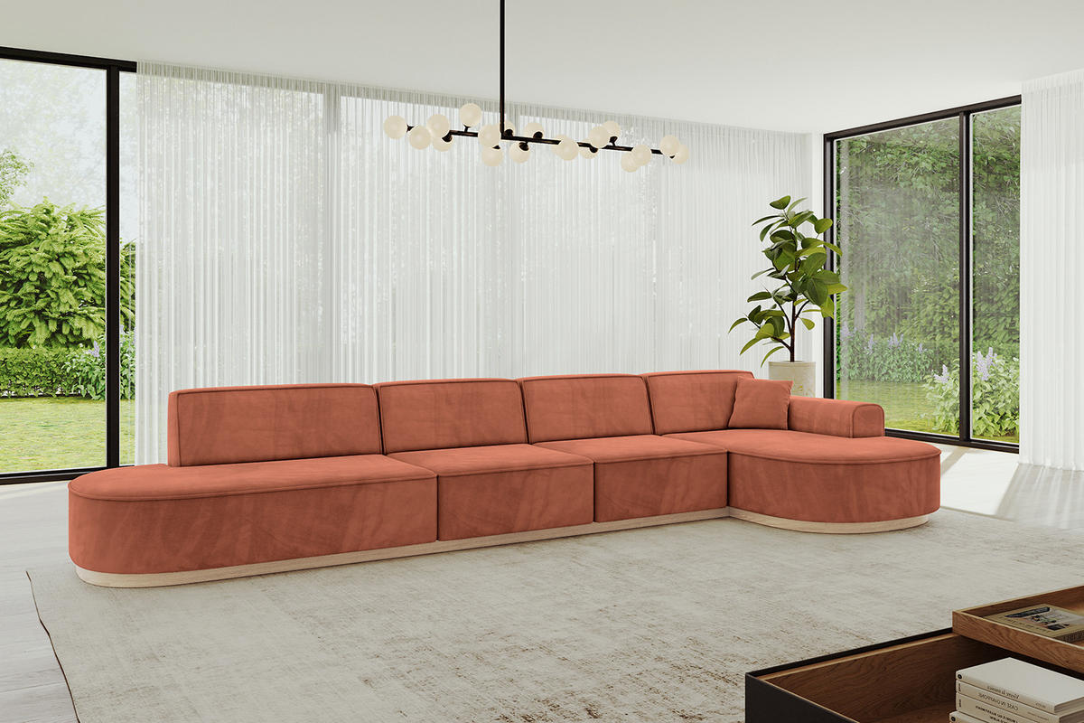 ECKSOFA Ottomane Rechts MARI-L3-v1 - 413x171x83 cm Koralle Velours - Koralle, Holzwerkstoff/Textil (171/413cm) - ALTDECOR