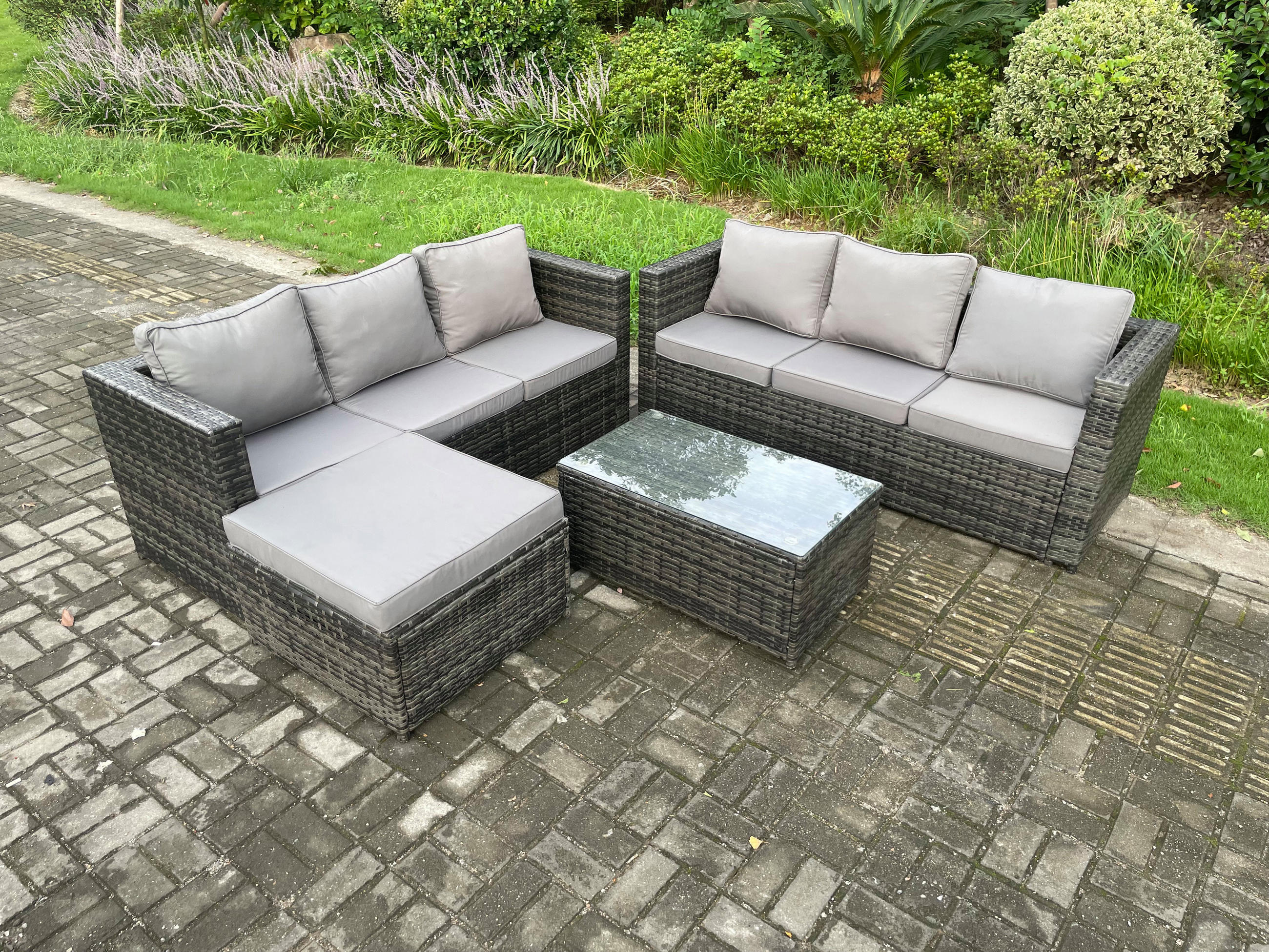 GARTENSOFA SET Polyrattan Dunkelgrau 7-Sitzer - Dunkelgrau, Metall - Fimous