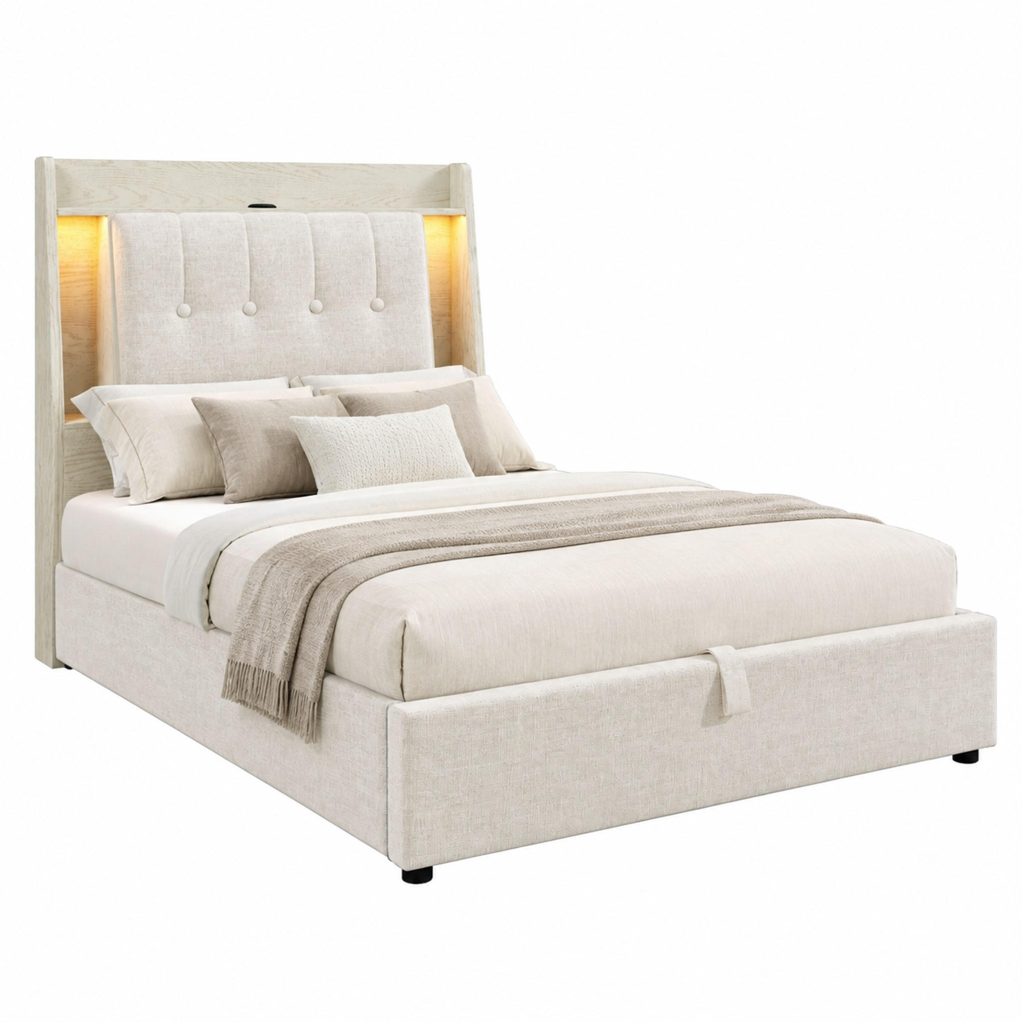 POLSTERBETT mit Stauraum, USB und LED 90x200 cm Leinen Beige - Beige, Metall (90/200cm) - Meubliv
