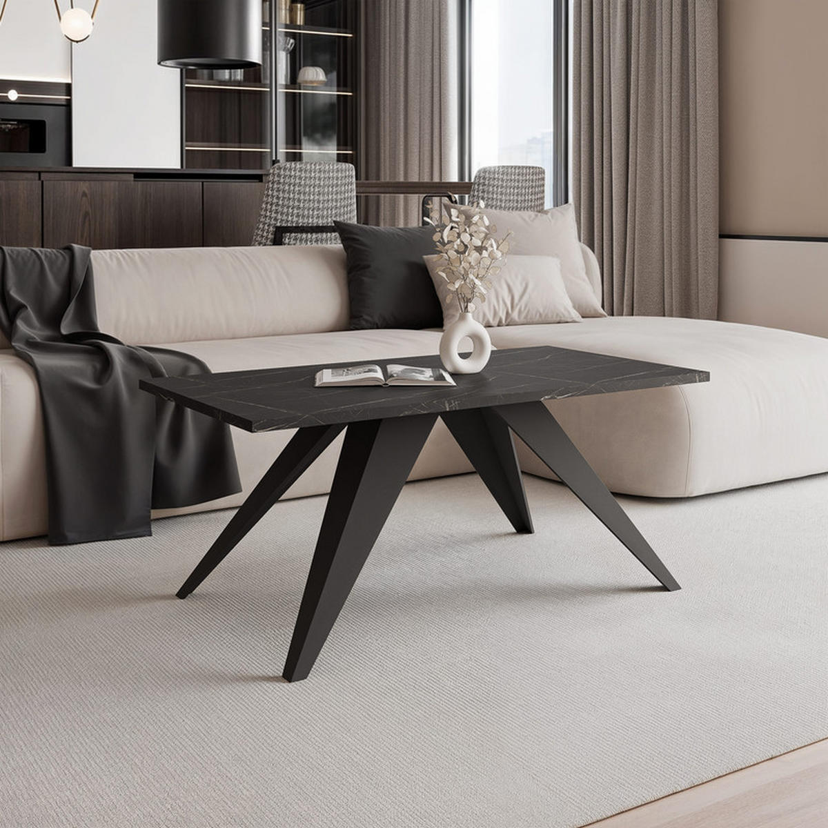 COUCHTISCH AIRA 120/60/48 cm Rechteckig, Schwarz/Grigia Pietra (Steingrau) - Schwarz/Grau, Metall (60/120/48cm) - Idohome
