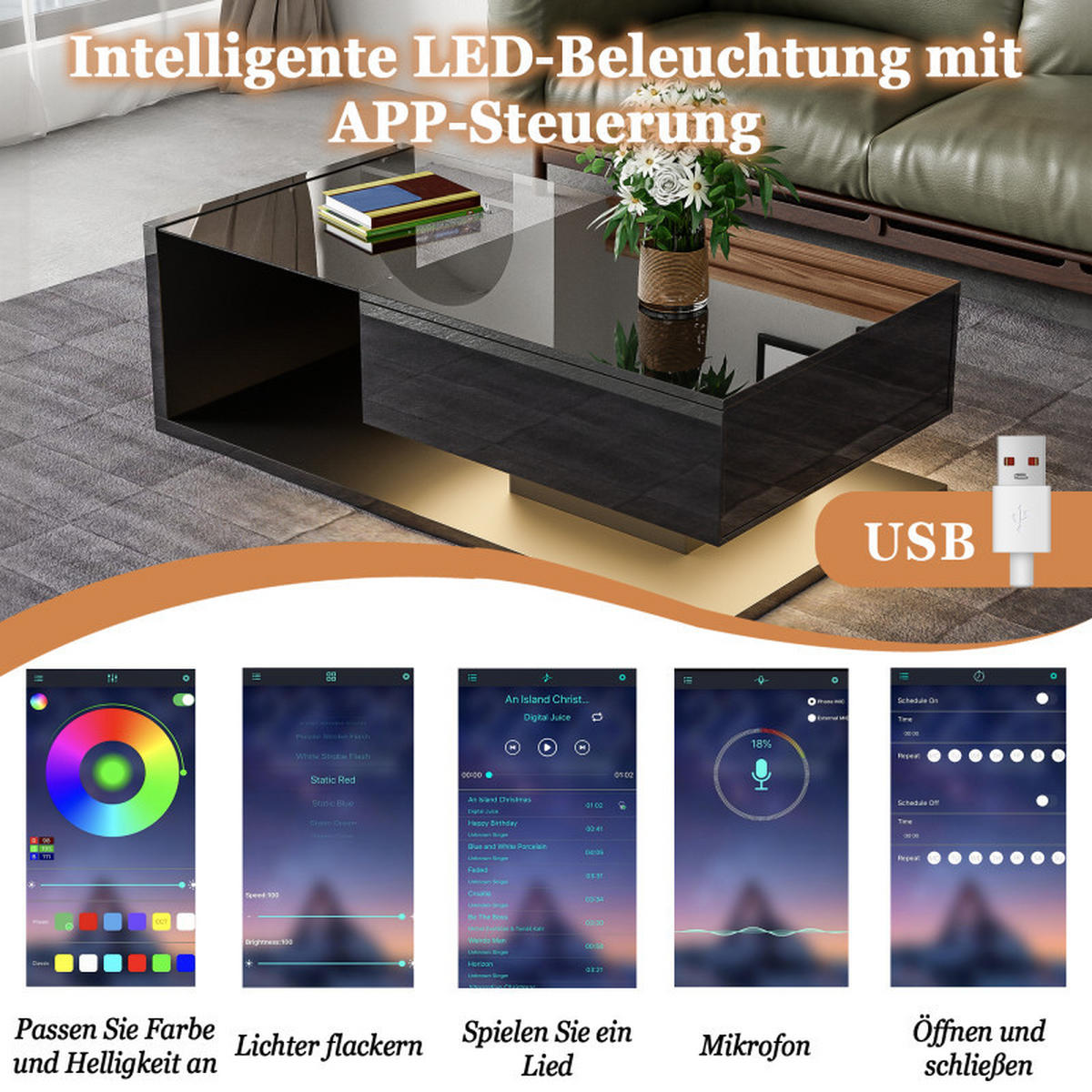 COUCHTISCH Schwarz Hochglanz 105x55x32 cm, Glasplatte, Ablagefach, Wohnzimmer - Schwarz, Holz (55/105/32cm) - PARAFTA HOME