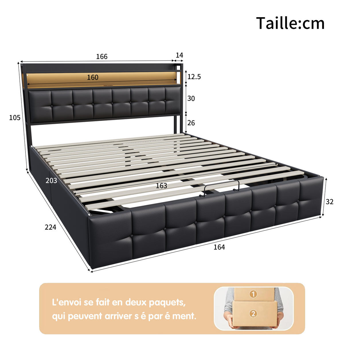 DOPPELBETT 140x200 Schwarz PU Hydraulikstauraum LED USB - Schwarz, Holzwerkstoff (160/200cm) - SHOPENTRA