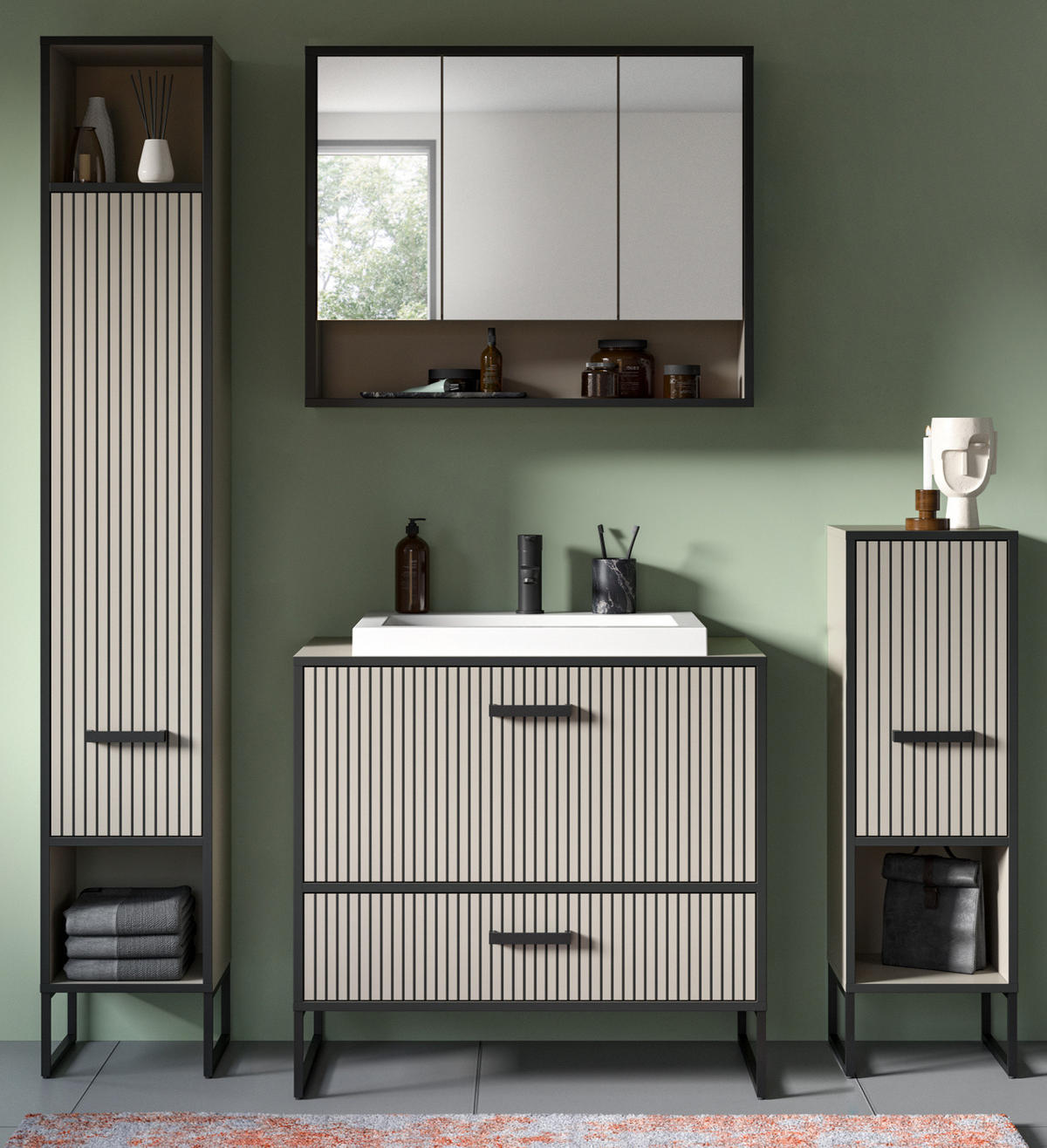 BADMÖBEL-SET schwarz, sand mit Waschbecken 170 cm, Kombination mit Soft-Close - Sandfarben/Schwarz, Glas/Keramik (170/192/48cm) - Inn.Furn