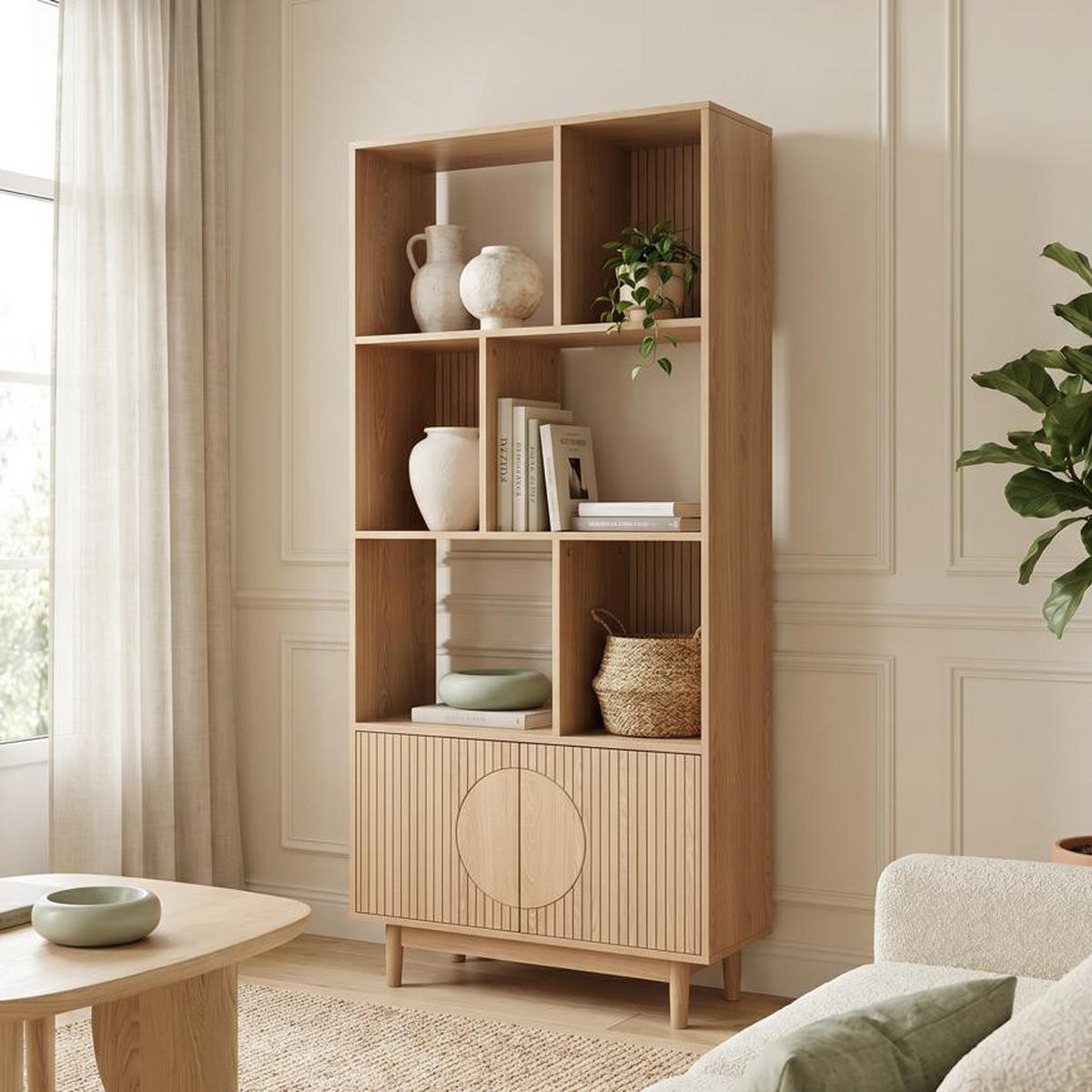 BÜCHERREGAL Skandinavisches, 180 cm hoch, mit 2 Türen und 6 Regalböden, Eichenoptik - LILA - Eichefarben/Salbeigrün, Holzwerkstoff/Metall (80/179/30cm) - Sicaan