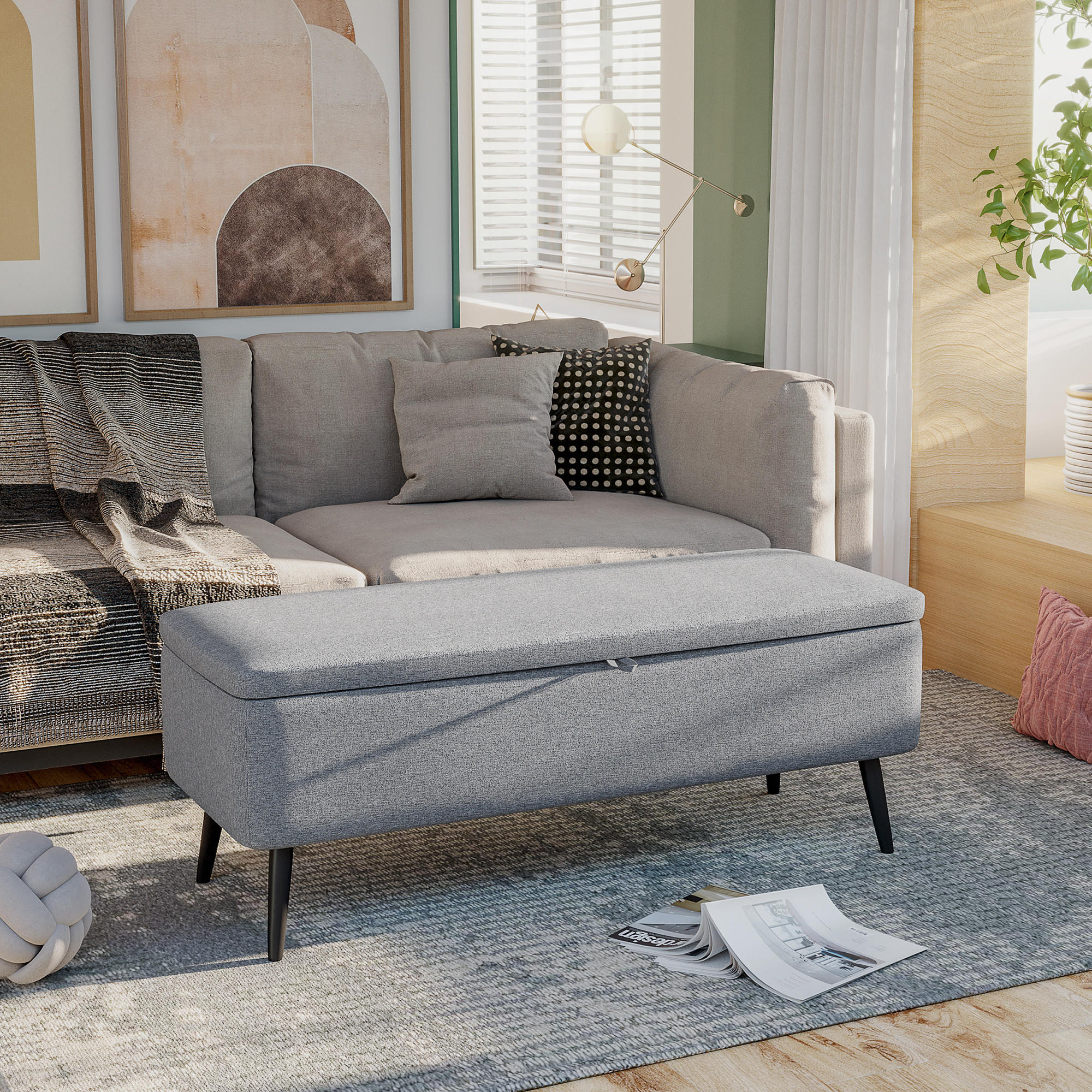 SITZBANK, Polsterbank mit Stauraum, Leinenoptik für Wohnzimmer, 101x38,5x44,5 cm - Grau, Kunststoff (38.5/44.5/101cm) - HOMCOM