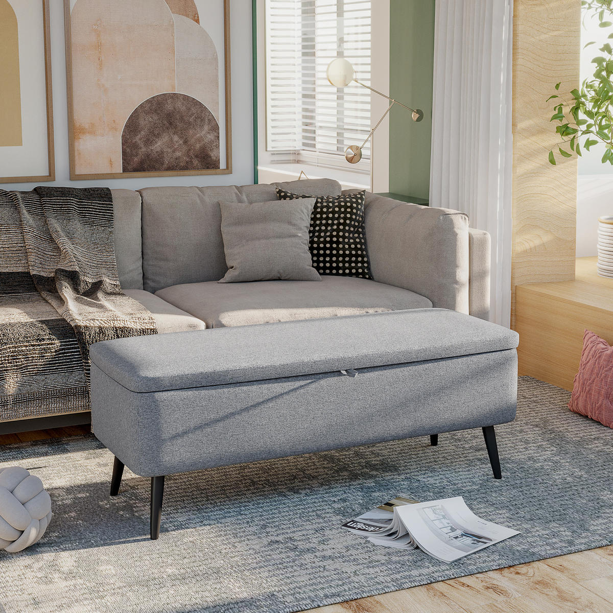 SITZBANK, Polsterbank mit Stauraum, Leinenoptik für Wohnzimmer, 101x38,5x44,5 cm - Grau, Kunststoff (38.5/44.5/101cm) - HOMCOM