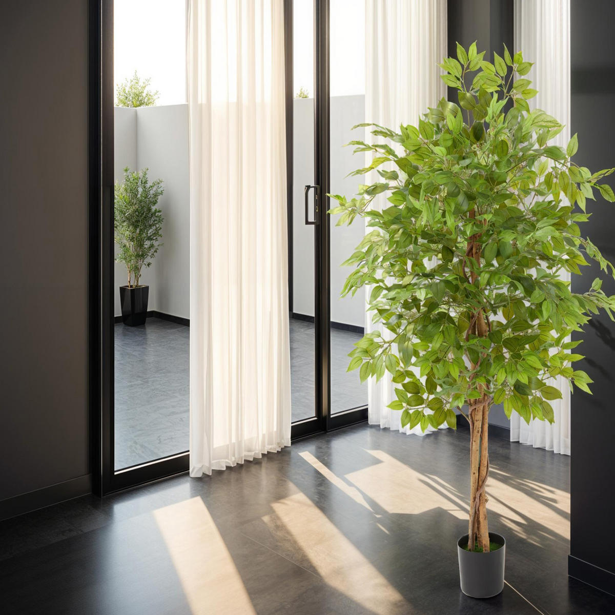 KÜNSTLICHER-FICUSBAUM Fida,stabiler Kunststoff-Blumentopf,grün - Grün, Kunststoff (160cm) - tectake