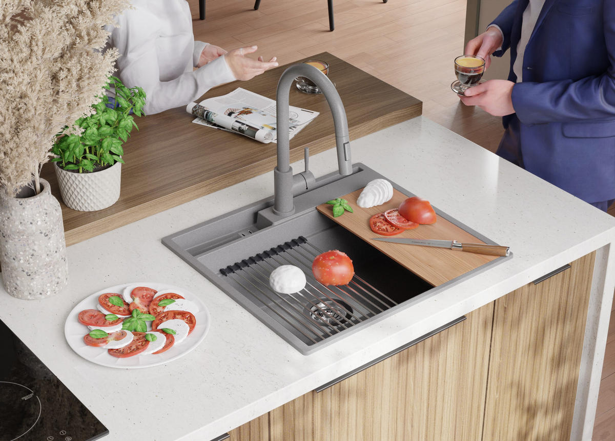 GRANITSPÜLE Oslo Pocket, 2-er set Grau 58/53 cm 1 Becken + Küchenarmatur 38/14 cm + Ablauf-Set + Küchenzubehörset ab 60er Unterschrank - Chromfarben/Beige, Kunststoff (58/20/53cm) - Primagran