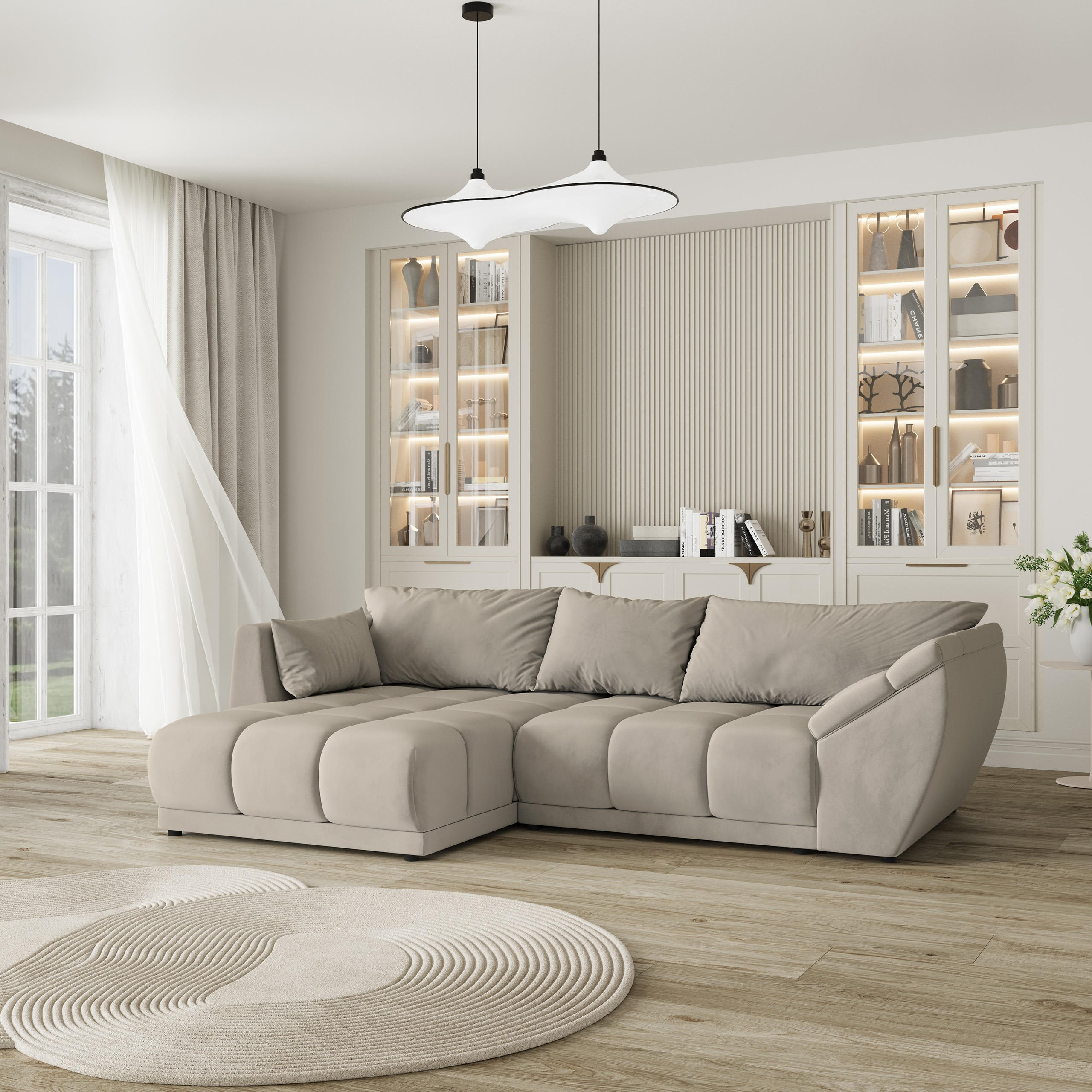ECKSOFA ORENTI L-S Beige Velours-Stoff mit Schlaffunktion - Beige, Holz (287/182cm) - MASSENO