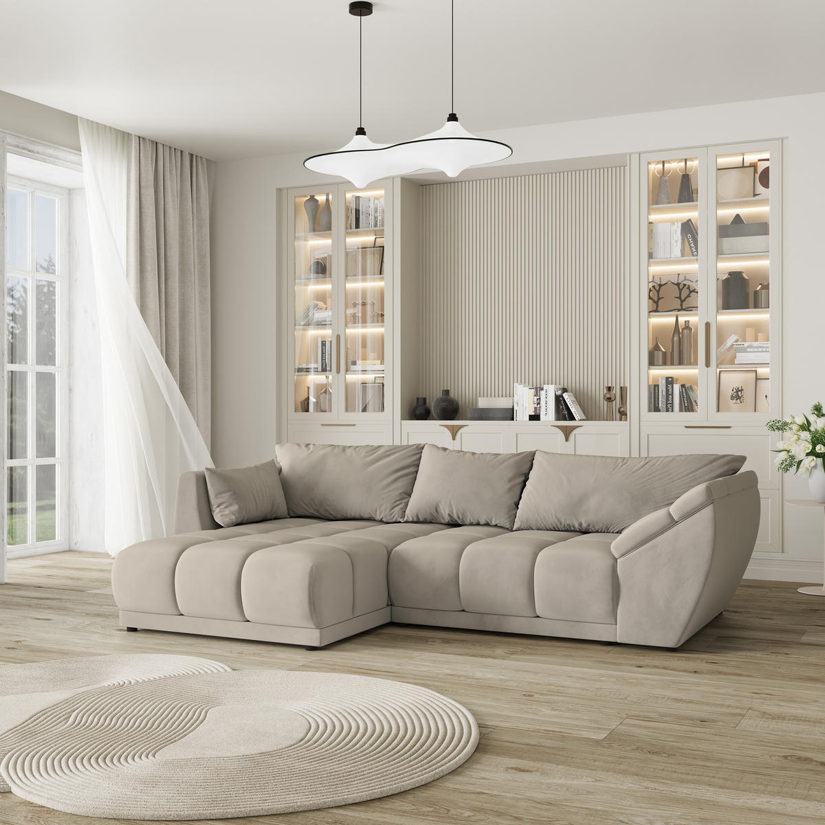 ECKSOFA ORENTI L-S Beige Velours-Stoff mit Schlaffunktion - Beige, Holz (287/182cm) - MASSENO