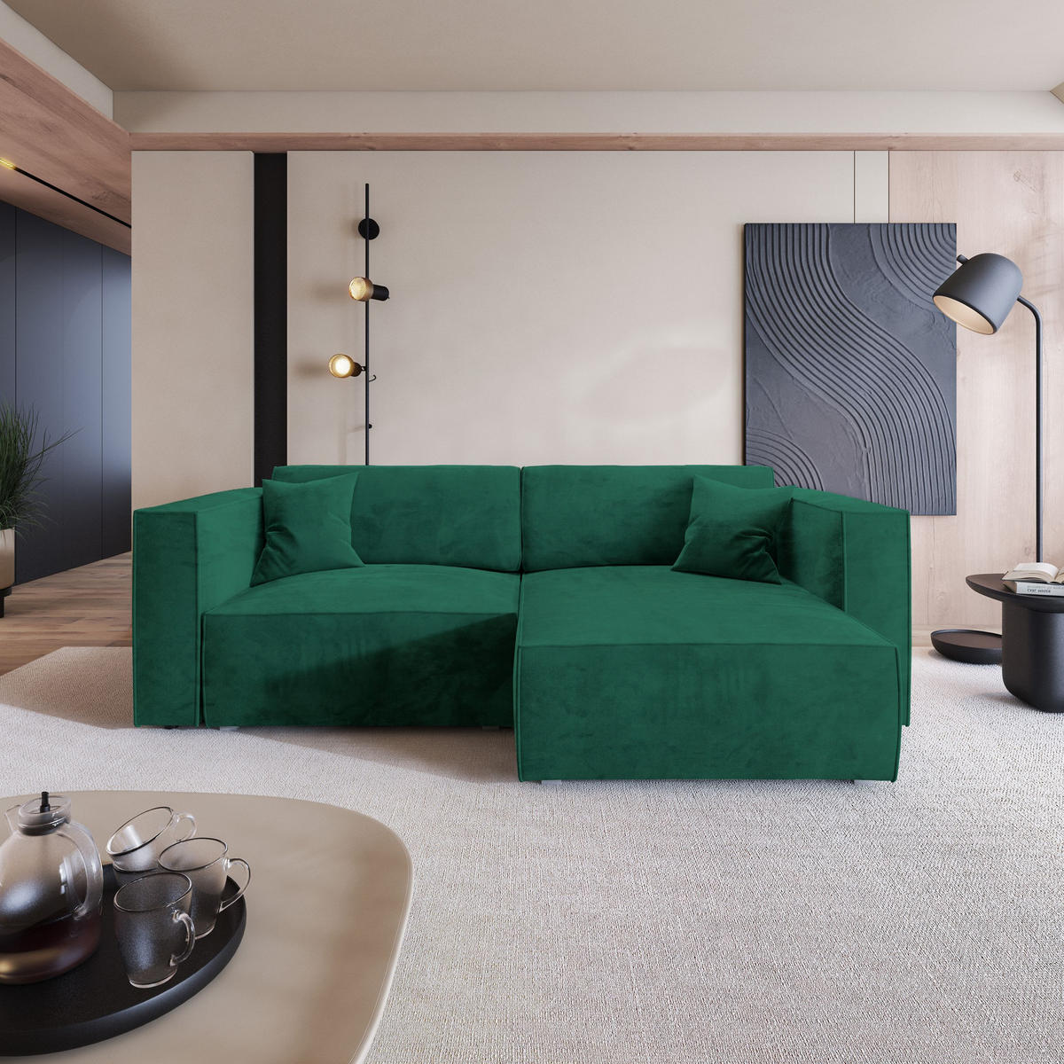 ROHOVÁ SEDAČKA NERIO tmavě zelená - šedá/tmavě zelená, dřevo/textil (245/148cm) - MASSENO