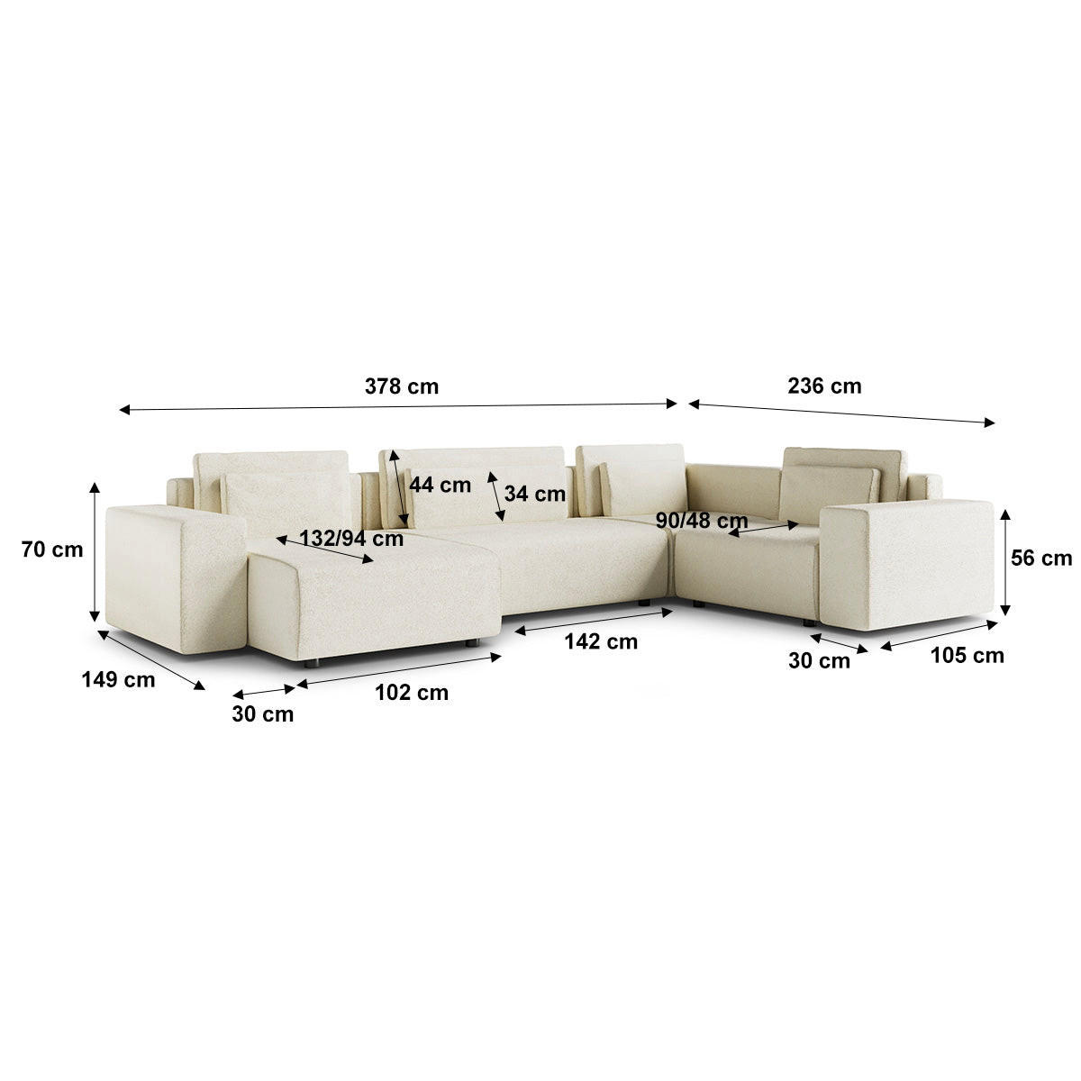 PANORAMASOFA Lorenzo 5 Sitzplätze Cremefarben - Weiß, Holz (378/85/236cm) - Petits-meubles