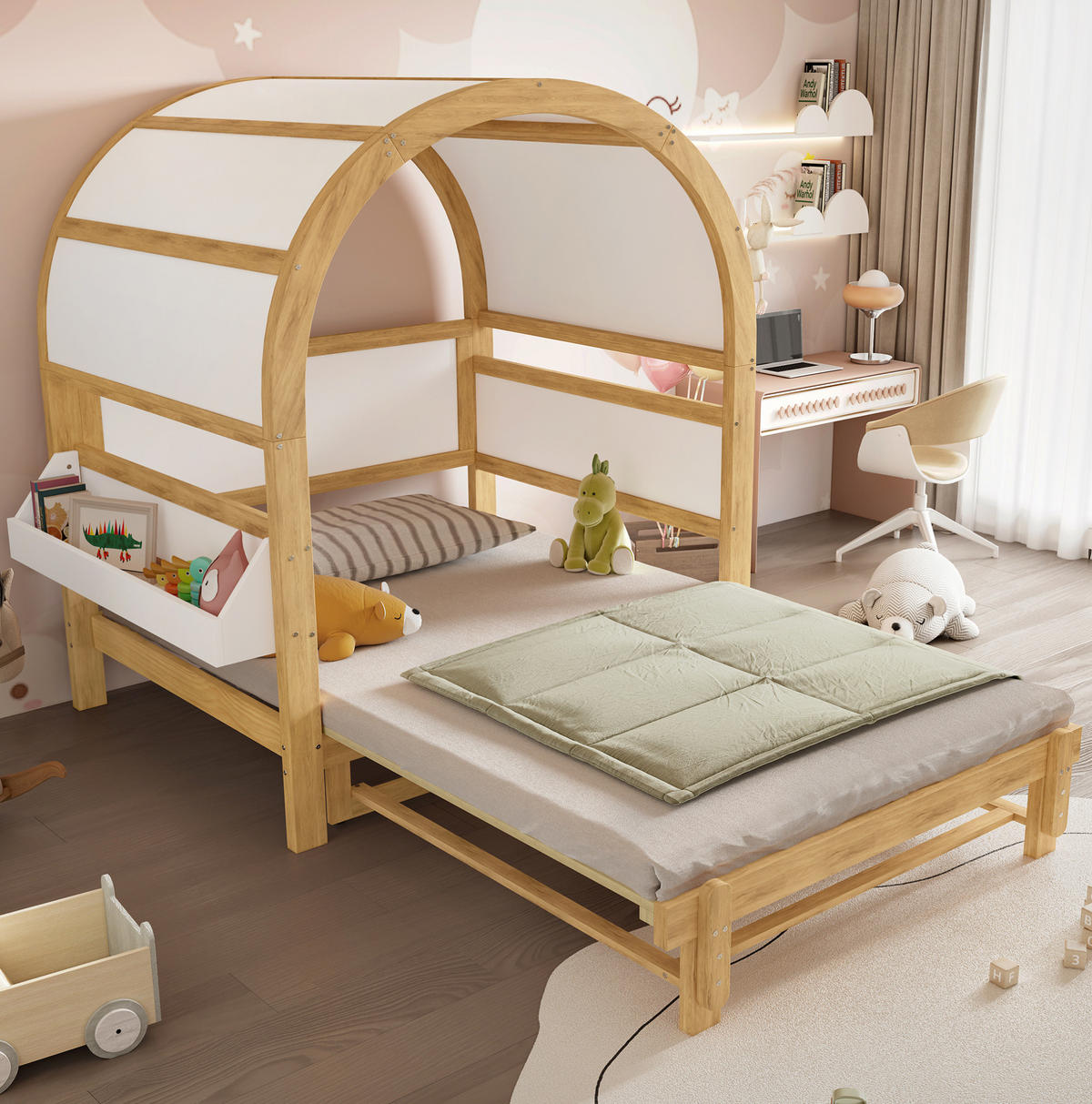 HAUSBETT 140/200 cm in Weiß/Natur – mit Dachaufbau und Ausziehbett - Weiß, Holzwerkstoff (140/200cm) - BEAOK