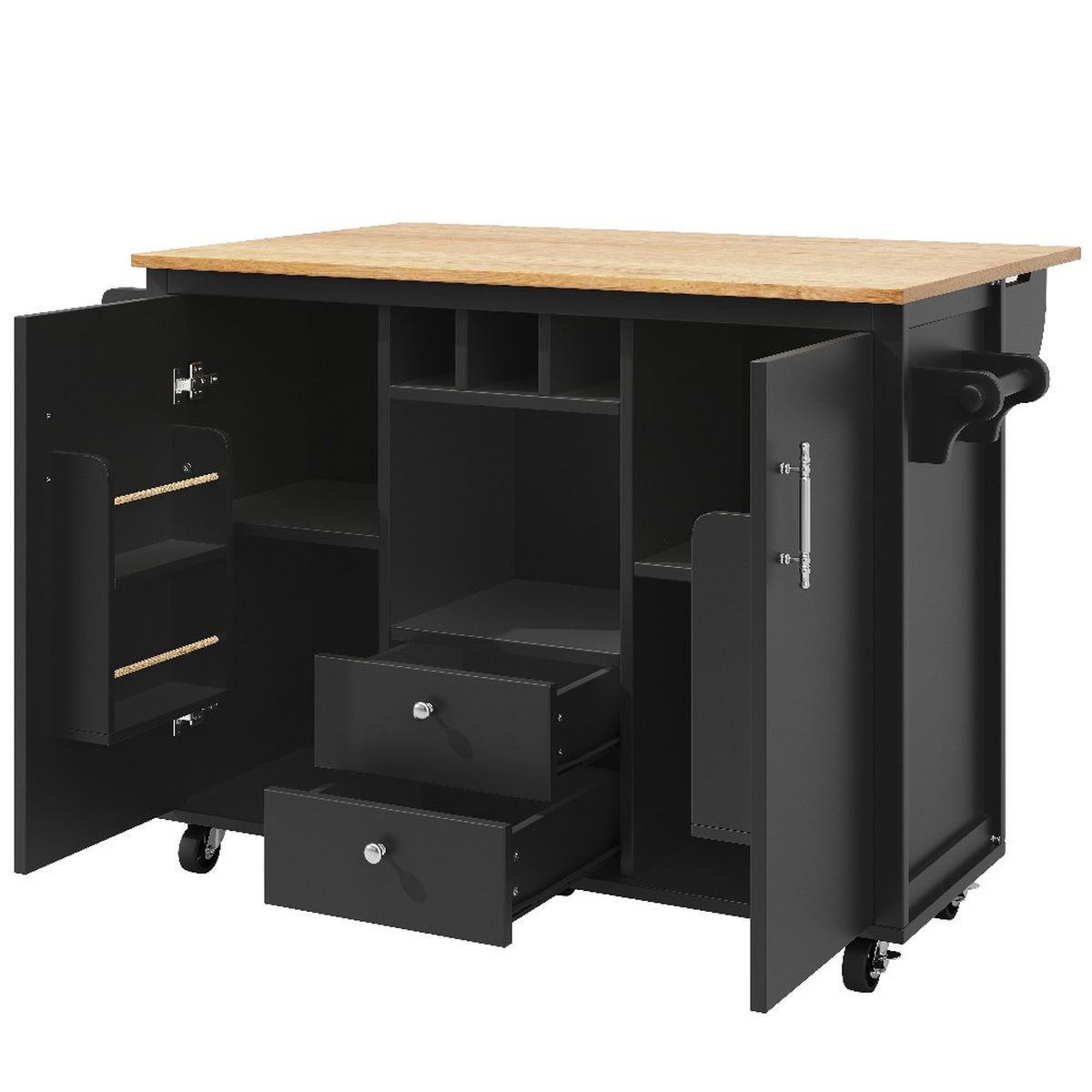 KÜCHENINSEL mit klappbarer Arbeitsplatte, Weinregal und Gewürzregal, Weiß-Schwarz, 137,9/73/92 cm - Schwarz, Kunststoff (73/92.5/137.9cm) - Rolipo