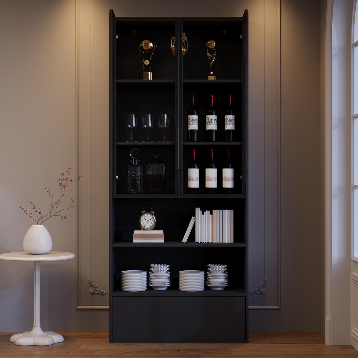 VITRINE 80x34x180 cm Schwarz mit LED und Schublade - Schwarz, Holzwerkstoff (80/180/34cm) - FLIEKS