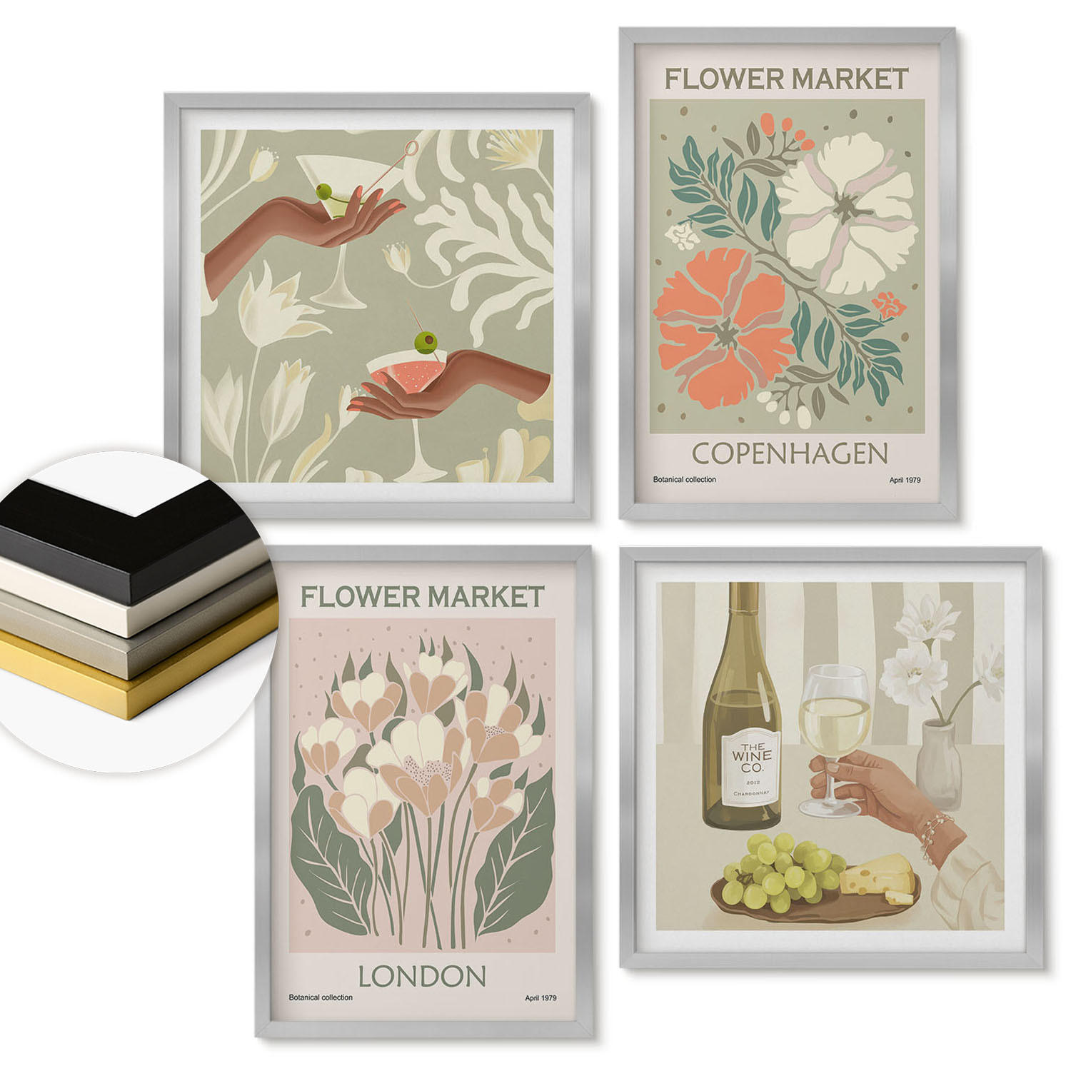 WANDBILDER 4er Set - 50x50 cm & 40x60 cm Silberner Rahmen - Blumenposter Weinstadt - Silberfarben, Kunststoff (50/50cm) - ArtPrintCave