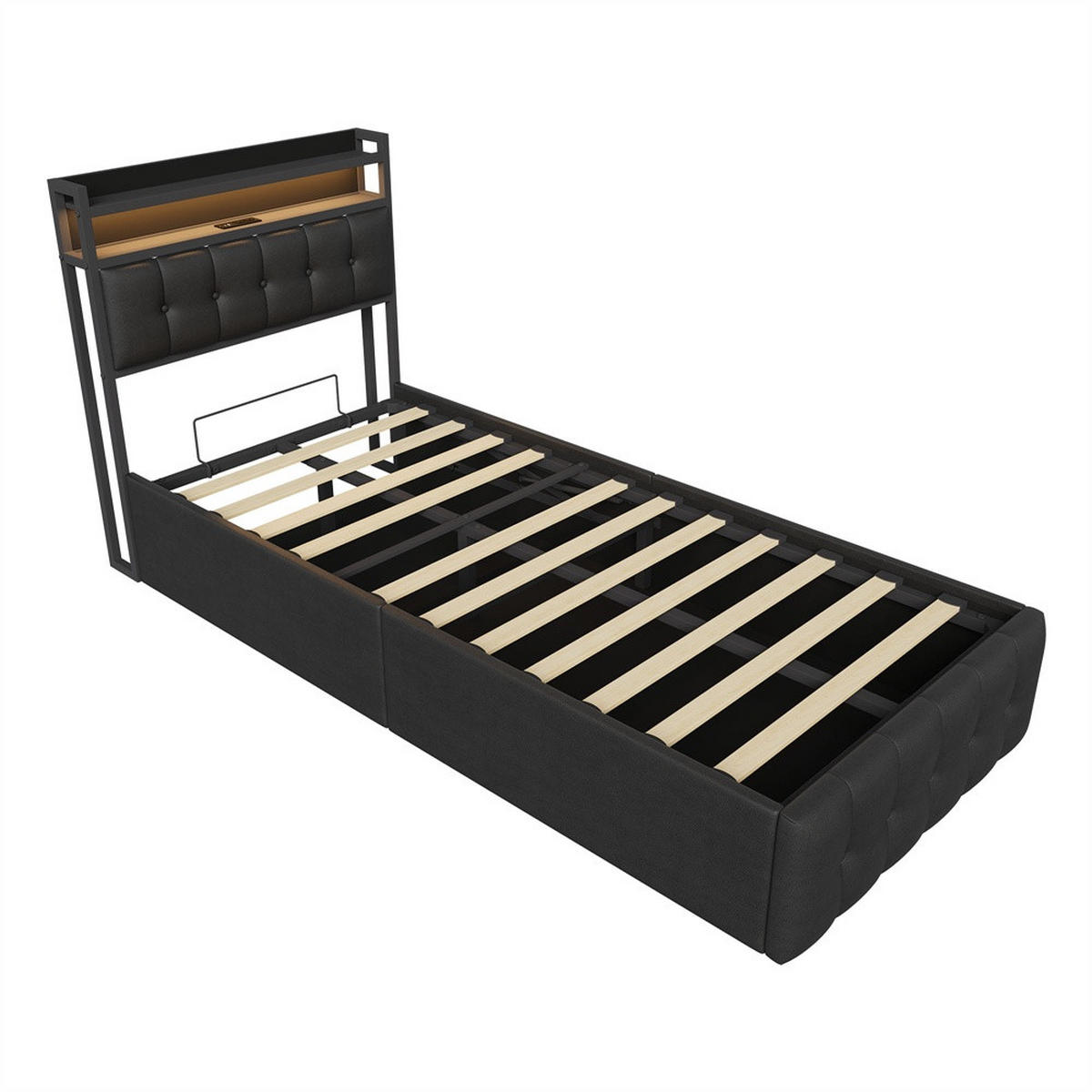 POLSTERBETT 90x200 cm mit hydraulischem Stauraum - Ladestation & LED-Beleuchtung - Gepolstertes Kopfteil - Schwarz - Schwarz, Textil (90/200cm) - DELFA