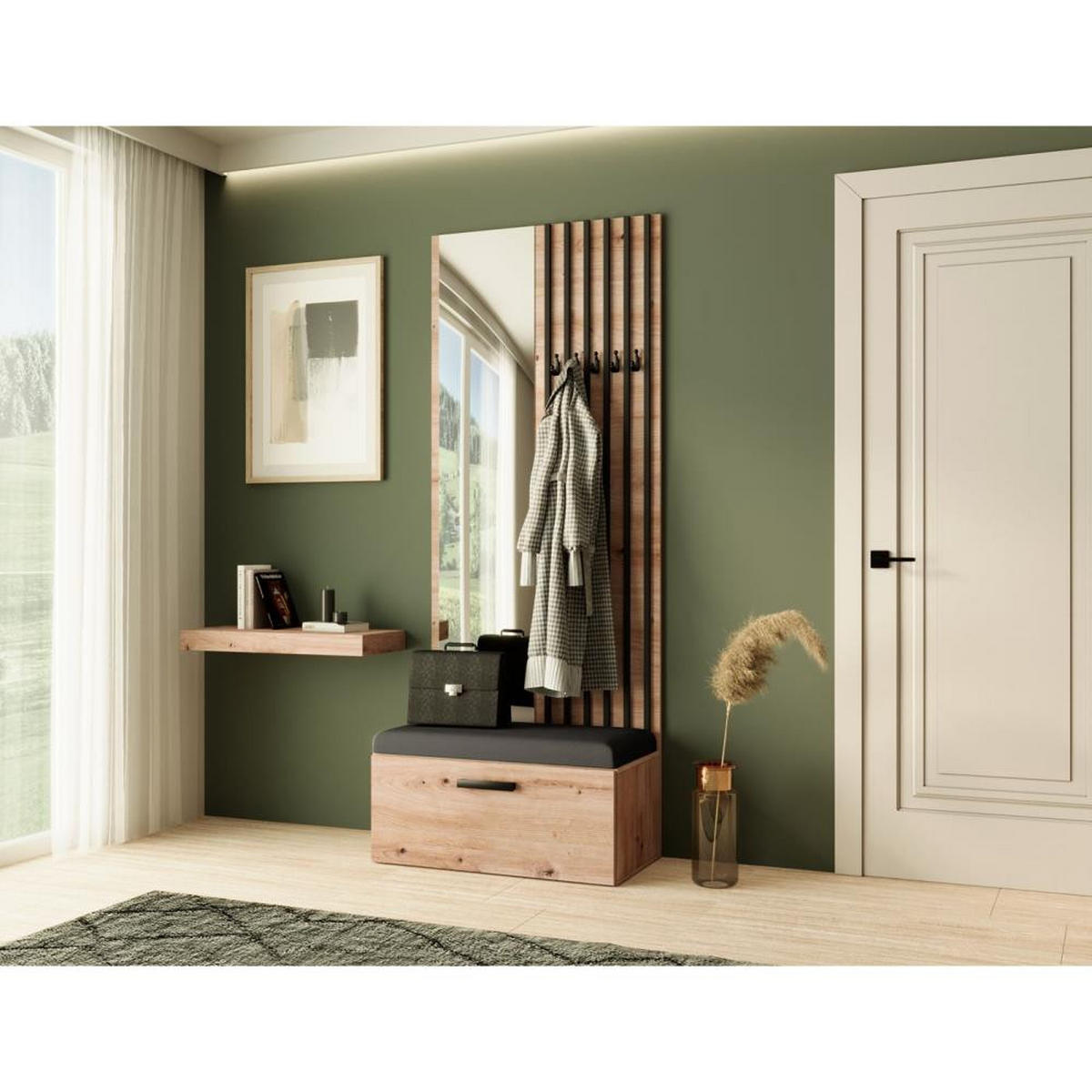 GARDEROBE Margaret II 81/203/43 mit Lamellen und Spiegel - Schwarz/Eiche Artisan, Holzwerkstoff/Kunststoff (81/203/43cm) - Beautysofa