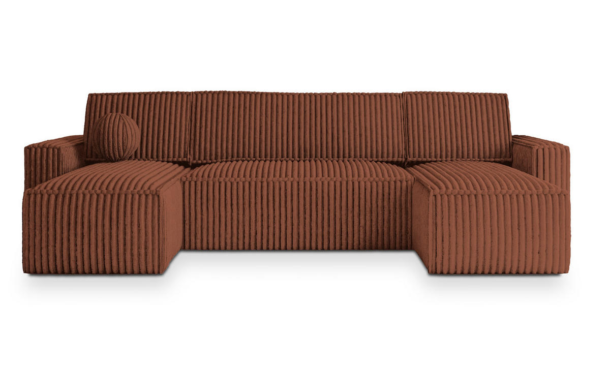 WOHNLANDSCHAFT PESANO T Braun Kordstoff mit Schlaffunktion - Braun, Holz (306/85/140cm) - MASSENO