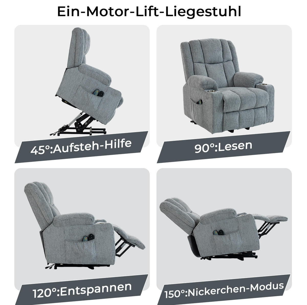RELAXSESSEL in Hellgrau mit Aufstehhilfe, Massagefunktion und Wärmefunktion,84/91/106 cm - Hellgrau, Textil (84/106/91cm) - Flora Grace