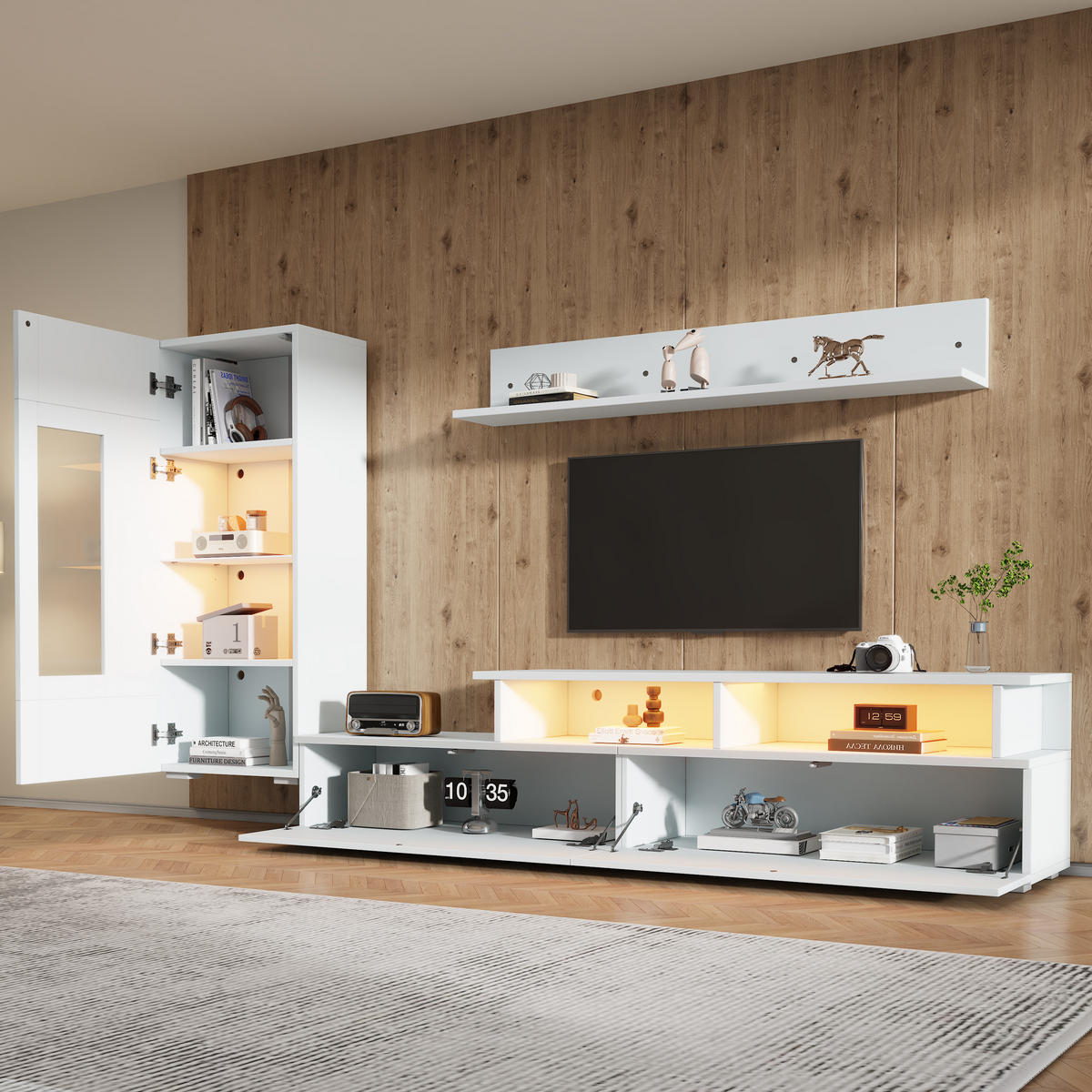 WOHNWAND 3-teilig LED Hochglanz Weiß TV Schrank - Weiß, Holzwerkstoff (170/45/35cm) - FLIEKS
