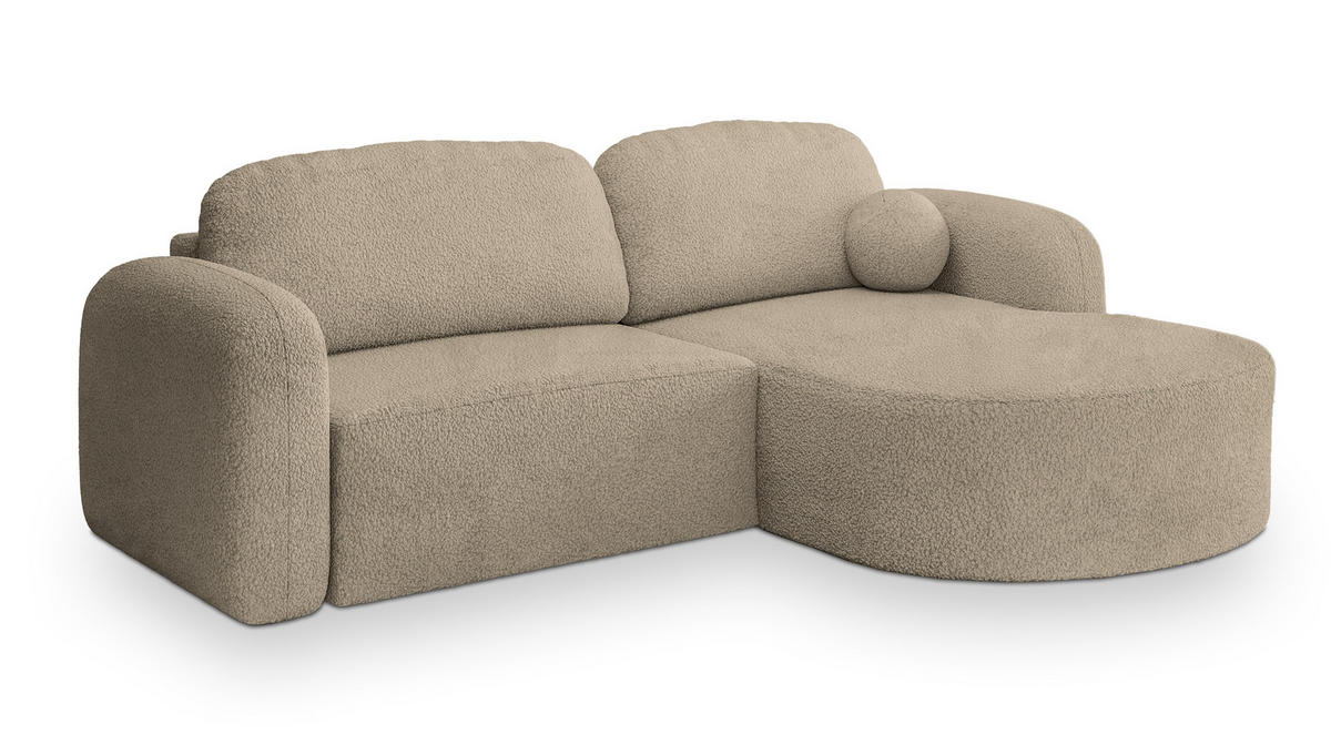 ECKSOFA AMILIA R-S Beige Boucle-Stoff mit Schlaffunktion - Beige, Holz (263/174cm) - MASSENO