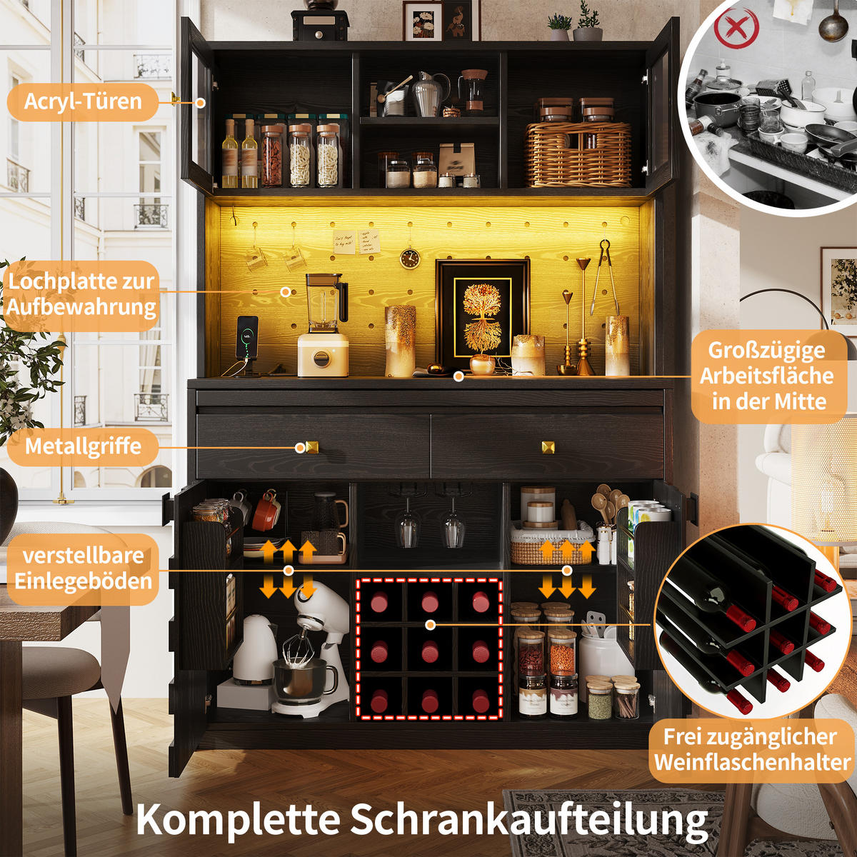 HIGHBOARD Schwarz 120×40×178 cm mit Acrylfront, RGB-LED, Lochwand und Weinflaschenhalter aus Holzwerkstoff und Acryl - Schwarz, Holzwerkstoff (120/178/40cm) - Luhomfu