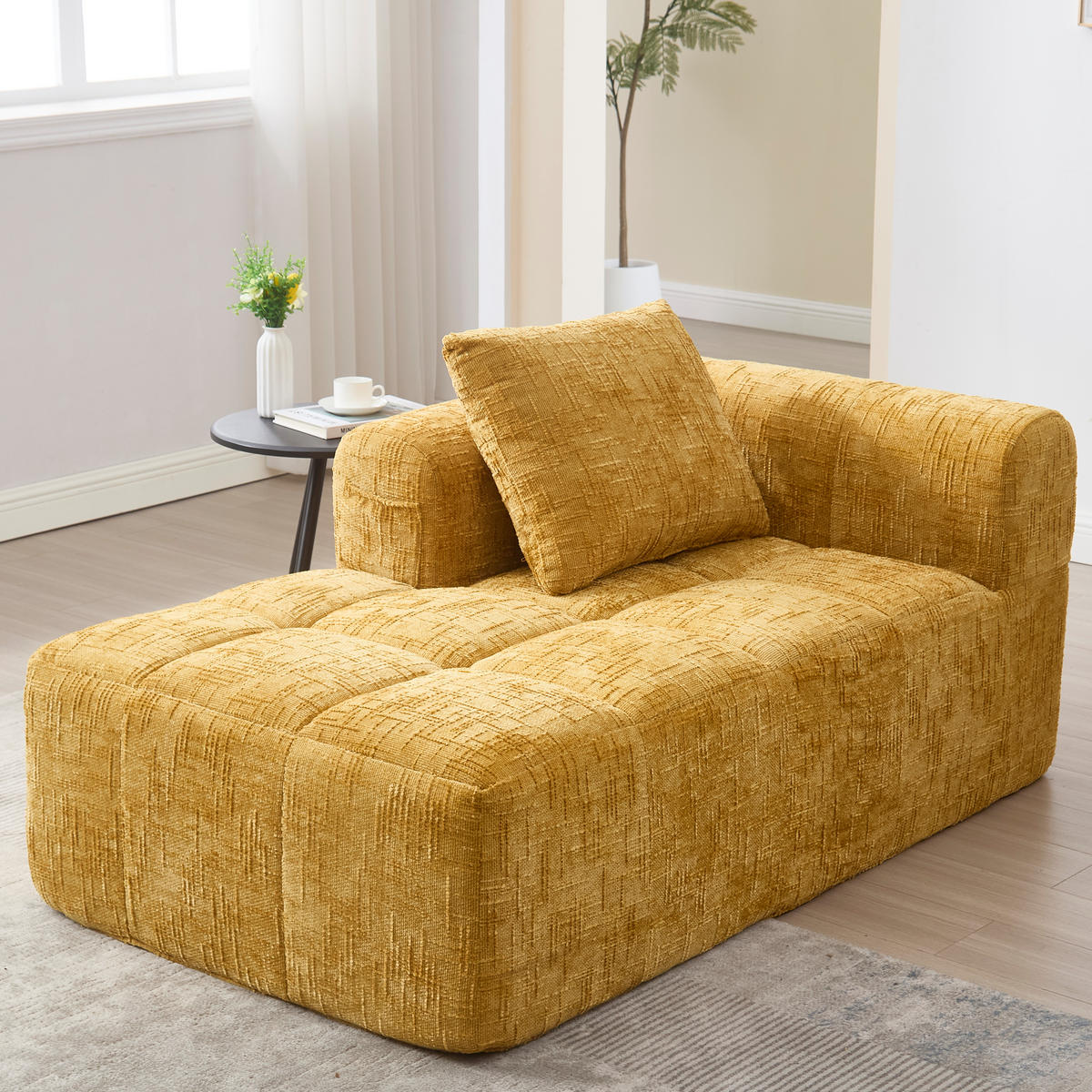 CHAISELONGUE Sofa Chenille mit Seitentaschen und Kissen 158/90/60 cm Gelb - Gelb, Textil (60/158/90cm) - Redom