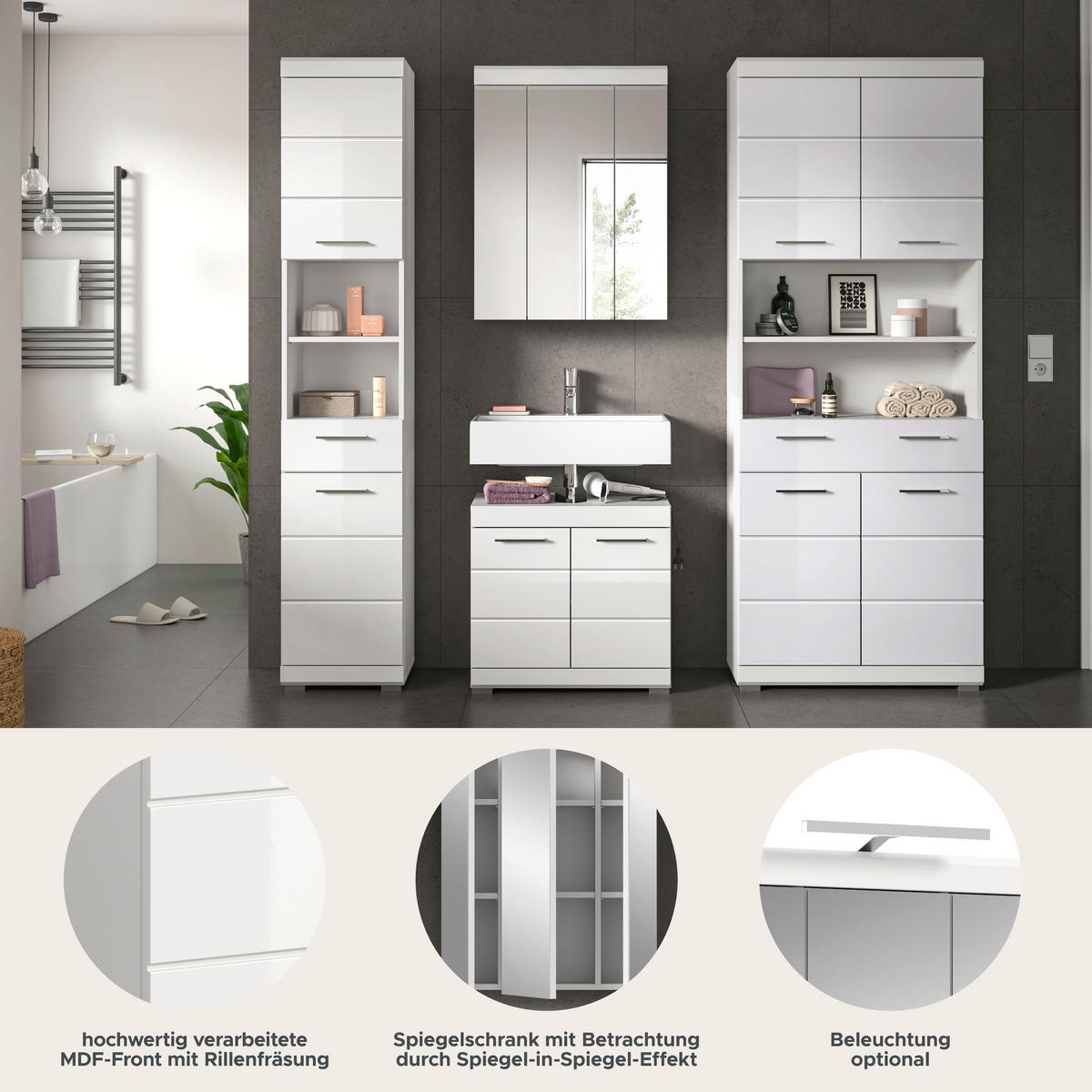 BADKOMBINATION 4tlg. Scout Bad in weiß Nachbildung und weiß hochglanz B/H/T: 186x191x34 cm - Weiß, Holz (186/191/34cm)