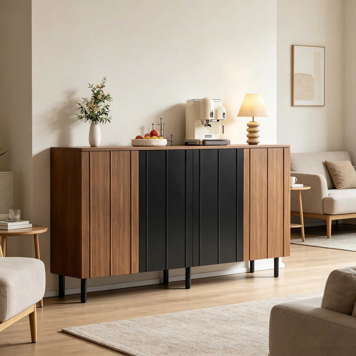 SIDEBOARD in Walnussfarben und Schwarz mit 4 Schranktüren für Küche, B160/T35/H80 cm - Walnussfarben/Schwarz, Holzwerkstoff (160/80/35cm) - STILVORA