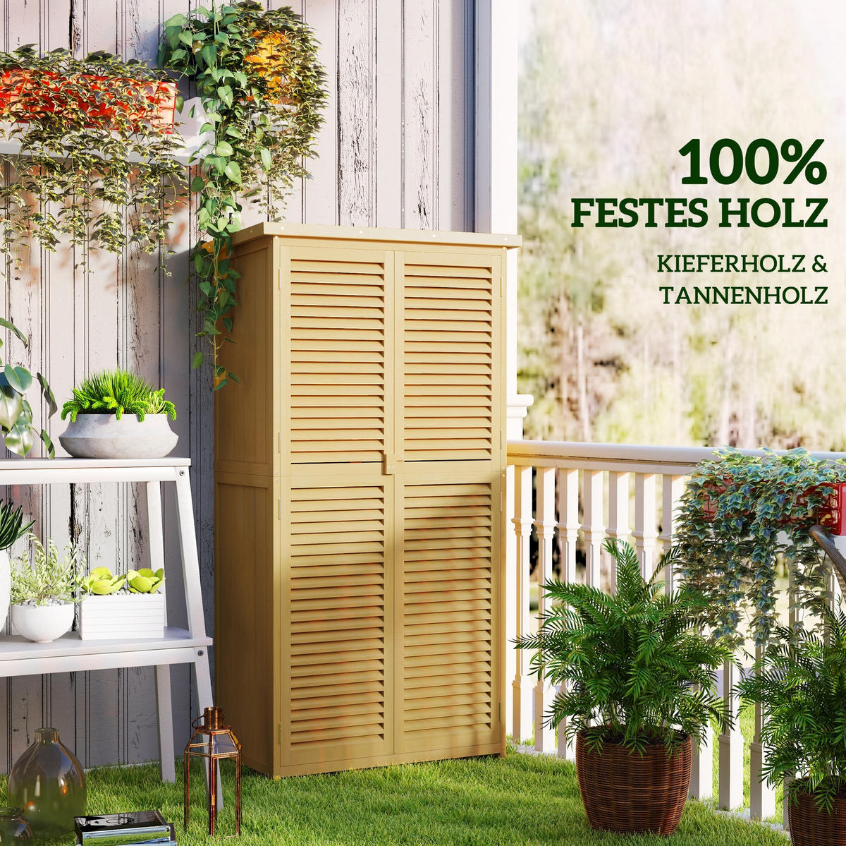 GARTENSCHRANK aus Holz 87x46,5x160cm in Gelb mit Lamellentüren - Gelb, Holz (46.5/160/87cm) - Modfu