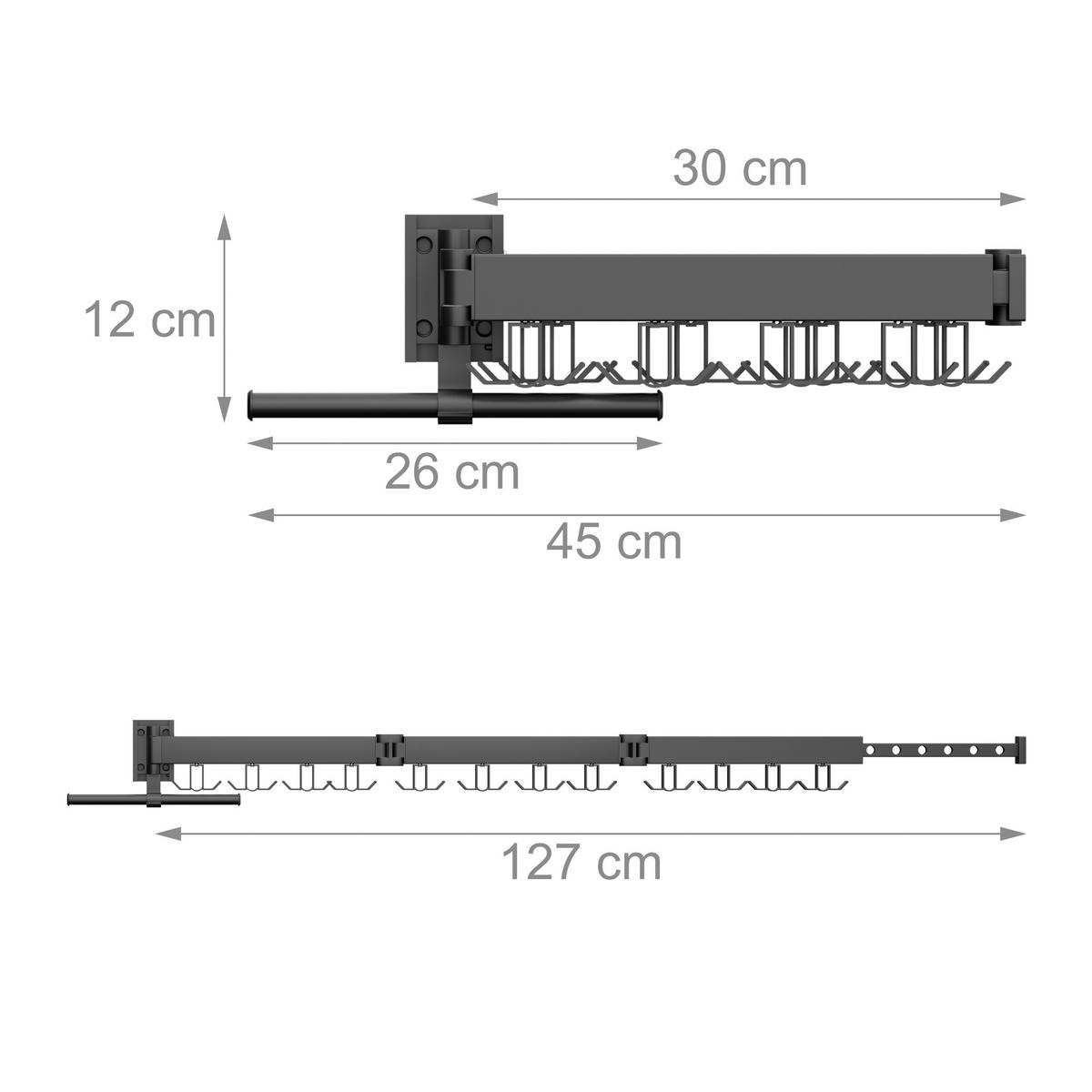 STOJAN na bielizeň na stene - čierna, kov/plast (127/12/26cm) - Relaxdays