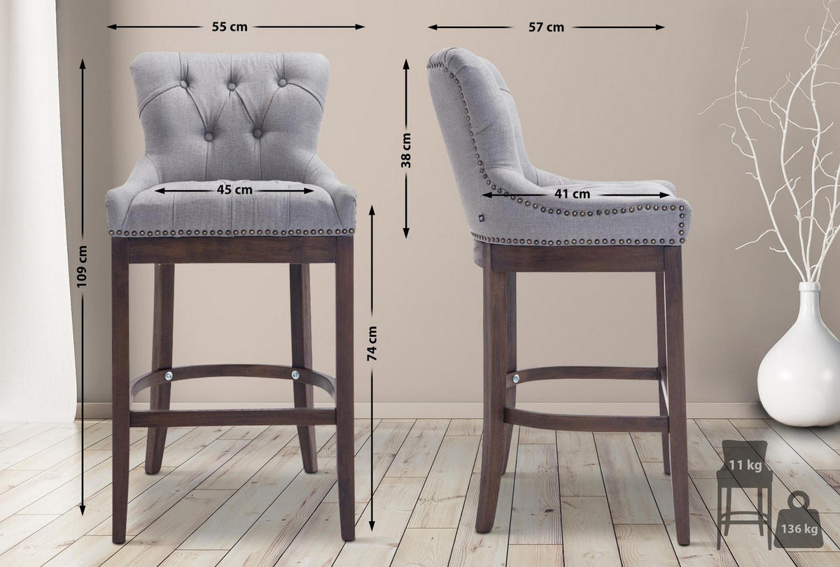 BARHOCKER Stoff hellgrau - Dunkelbraun/Hellgrau, Holz/Textil (55/109/57cm) - CLP