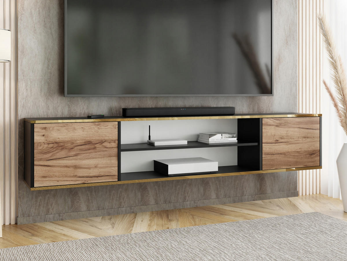 TV-LOWBOARD EDI GOLD 4 Schwarz/ Craft Gold Eiche – 2-türig - Honigeiche/Goldfarben, Holzwerkstoff (206.4/42/38.9cm)
