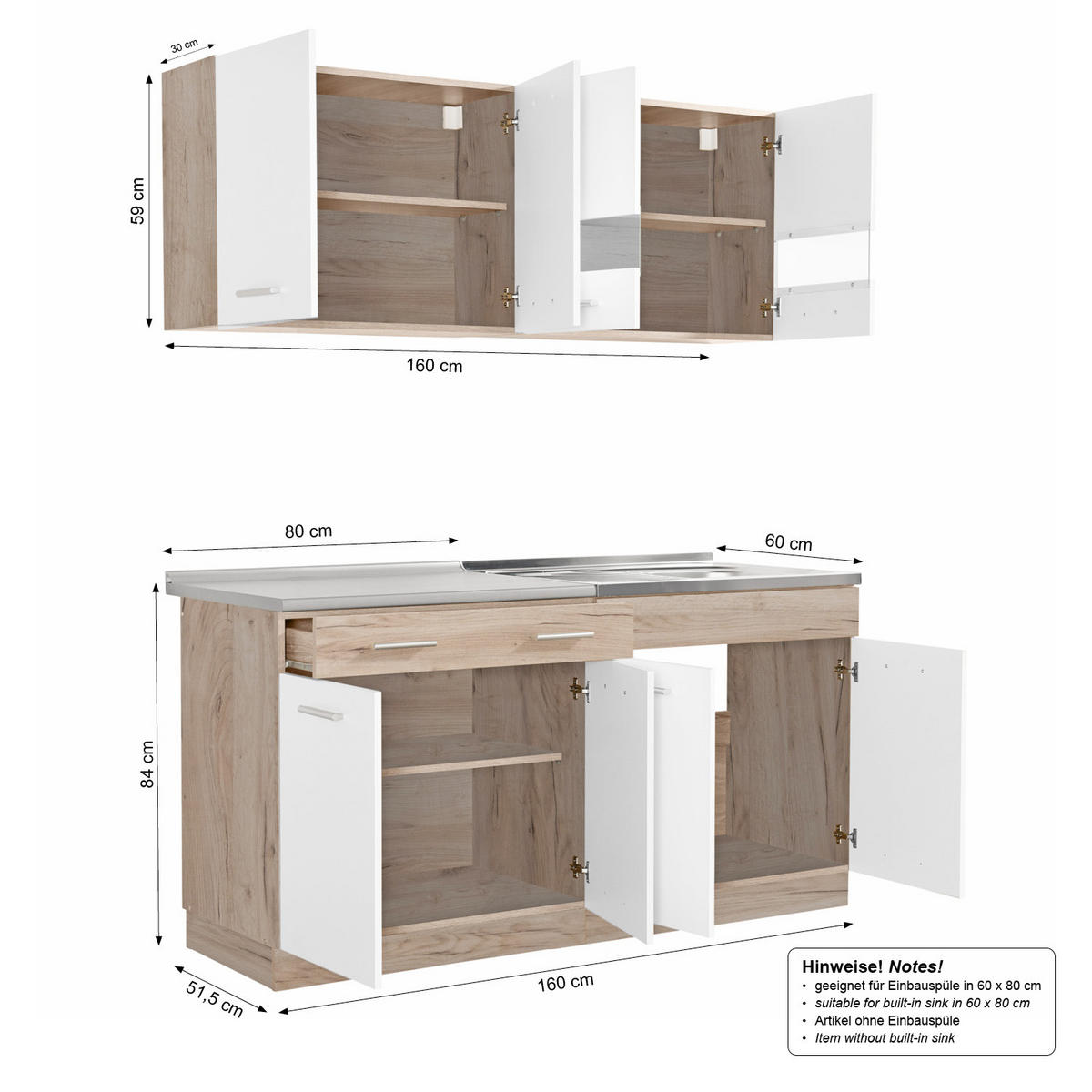 KÜCHENLEERBLOCK 160 cm in Weiß - Silberfarben/Weiß, Holz (160/206/60cm) - Homestyle4u