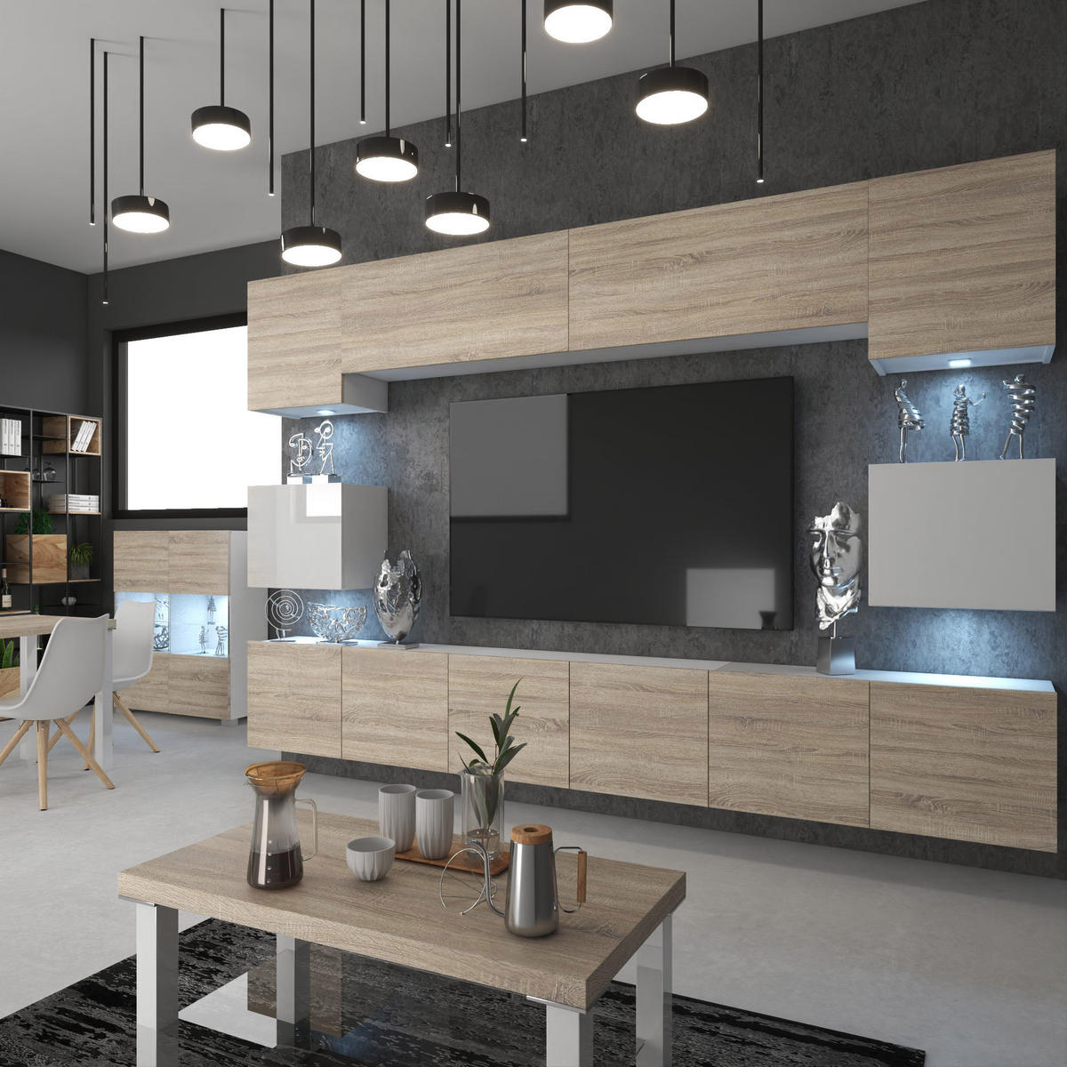 WOHNWAND Milano 3, Sonoma Eiche/Weiß, 300 cm, Grifflos - Sonoma Eiche, Holz (300/60/36cm) - B BELINI GROUP
