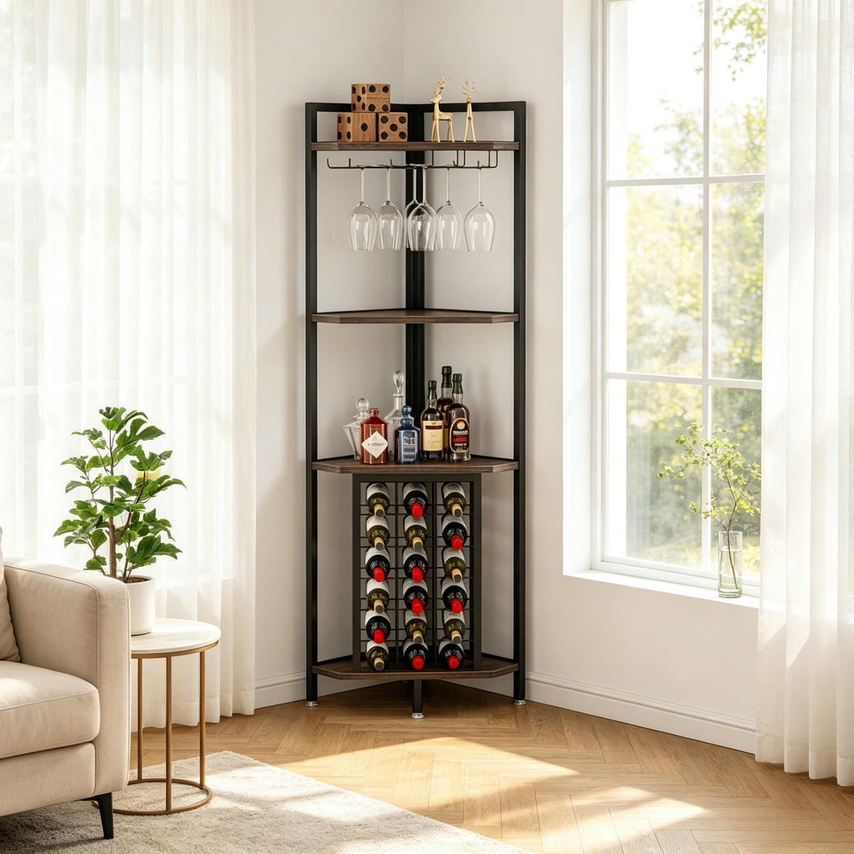 WEINREGAL 58/40/161 cm, Schwarz/Braun Metall, Mehrzweck-Ablage, Hochregal, Display-Ständer - Schwarz, Metall (58/161/40cm)