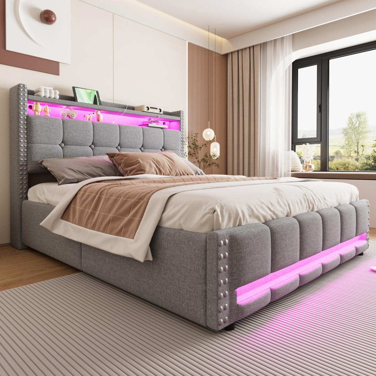 POLSTERBETT 160/200 cm mit LED-Beleuchtung, USB-Anschluss, Kopfteil mit Stauraum und hydraulischem Bettkasten, Hellgrau - Hellgrau, Textil (160/200cm) - Redom