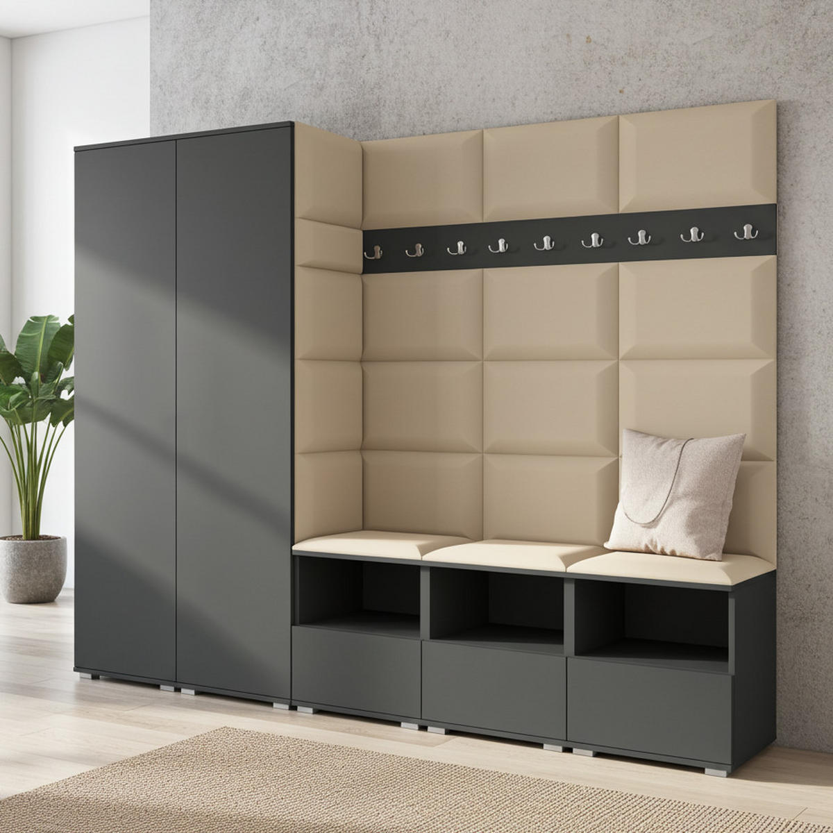 GARDEROBE NELA VII 250 cm (Modulare Flurmöbel XL Graphit mit Sitzpolster Beige 04 2 Schränke) - Beige/Silberfarben, Holz/Holzwerkstoff (250/187/40cm) - Ravio