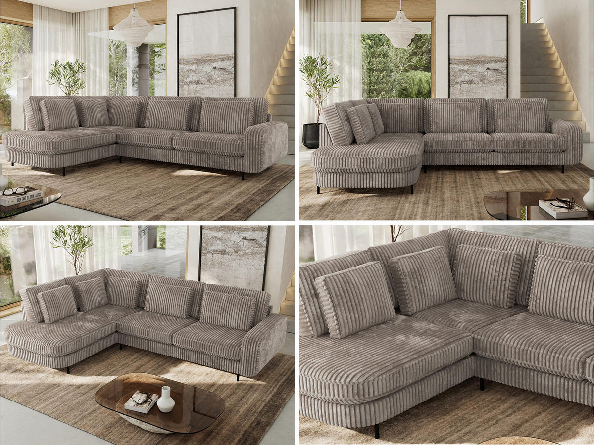 ROHOVÁ SEDAČKA CALENO L - Světle hnědá Manšestr - Pravá Strana - černá/světle hnědá, kov/textil (317/225cm) - MKS