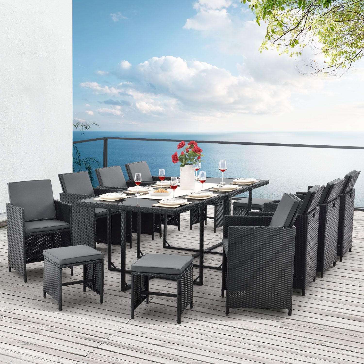 GARTENMÖBELSET Baracoa schwarz 13-tlg. - Schwarz, Kunststoff/Metall - Juskys