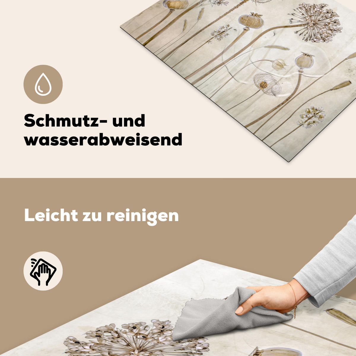 HERDABDECKPLATTE Blumen - Aquarell - Stilleben - Braun - Vintage 71x52 cm - Sandfarben, Kunststoff (71/52/0.2cm) - MuchoWow