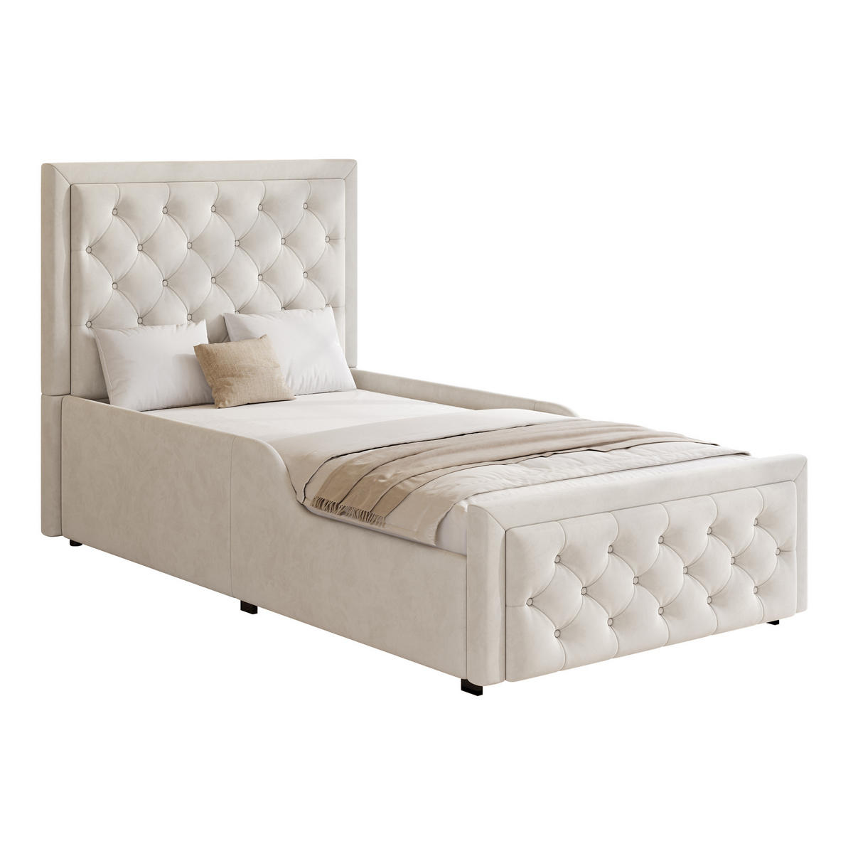KINDERBETT 90/200 cm aus Samt in Beige – mit Stauraum und Lattenrost - Beige, Holzwerkstoff (90/200cm) - BEAOK
