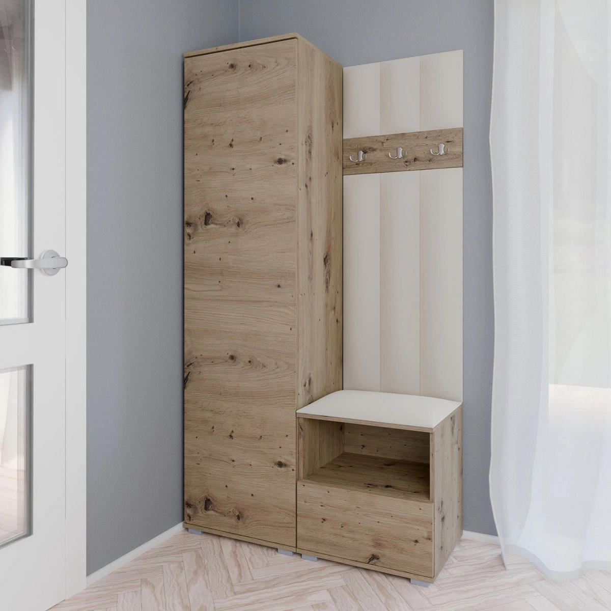 GEPOLSTERT Garderoben-Set Nela I LUX (Eiche Artisan + Stoff Trinity 01) - Silberfarben/Creme, Holz/Holzwerkstoff (100/187/40cm) - Ravio