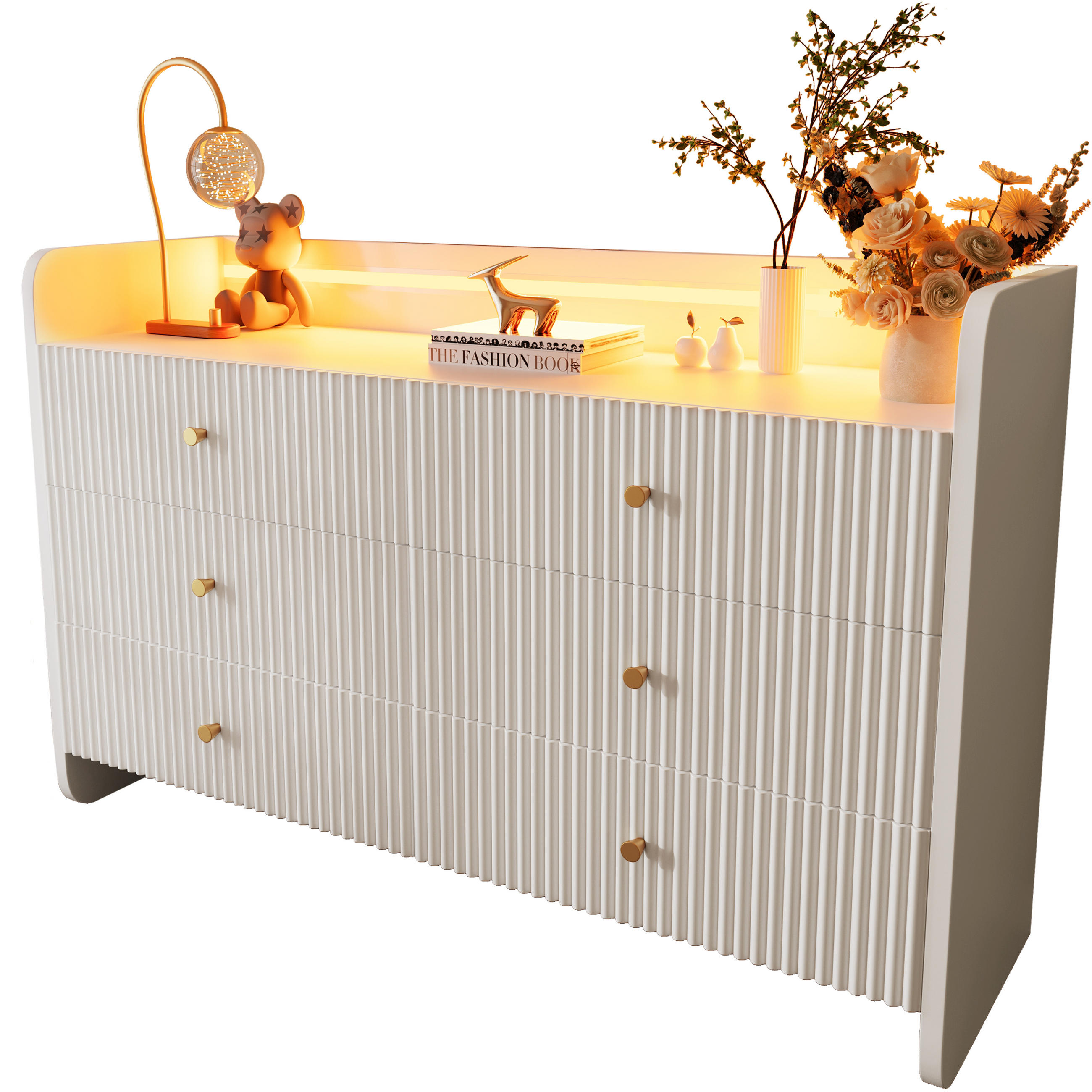 SIDEBOARD aus Spanplatte 120x40x75 cm Weiß mit LED-Beleuchtung, 6 Schubladen und Wellenfront - Weiß, Holzwerkstoff (120/75/40cm) - Modfu