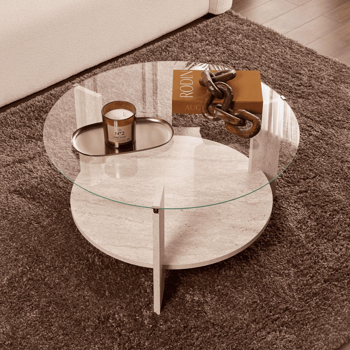 COUCHTISCH mit 2 Platten, davon eine aus gehärtetem Glas 75/75/40 cm - Beige, Holzwerkstoff (75/75/40cm) - Calicosy