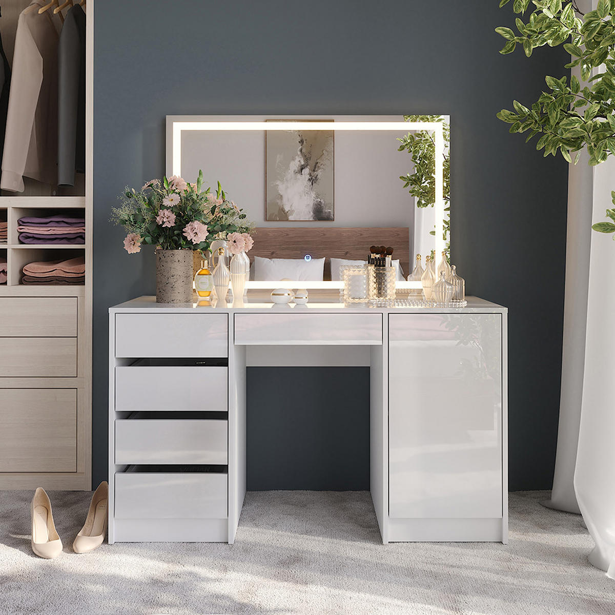 SCHMINKTISCH Sherry Weiß/Weiß Hochglanz 128.2 cm mit LED-Spiegel - Weiß Hochglanz, Holzwerkstoff (128.2/76/50.1cm) - Vicco