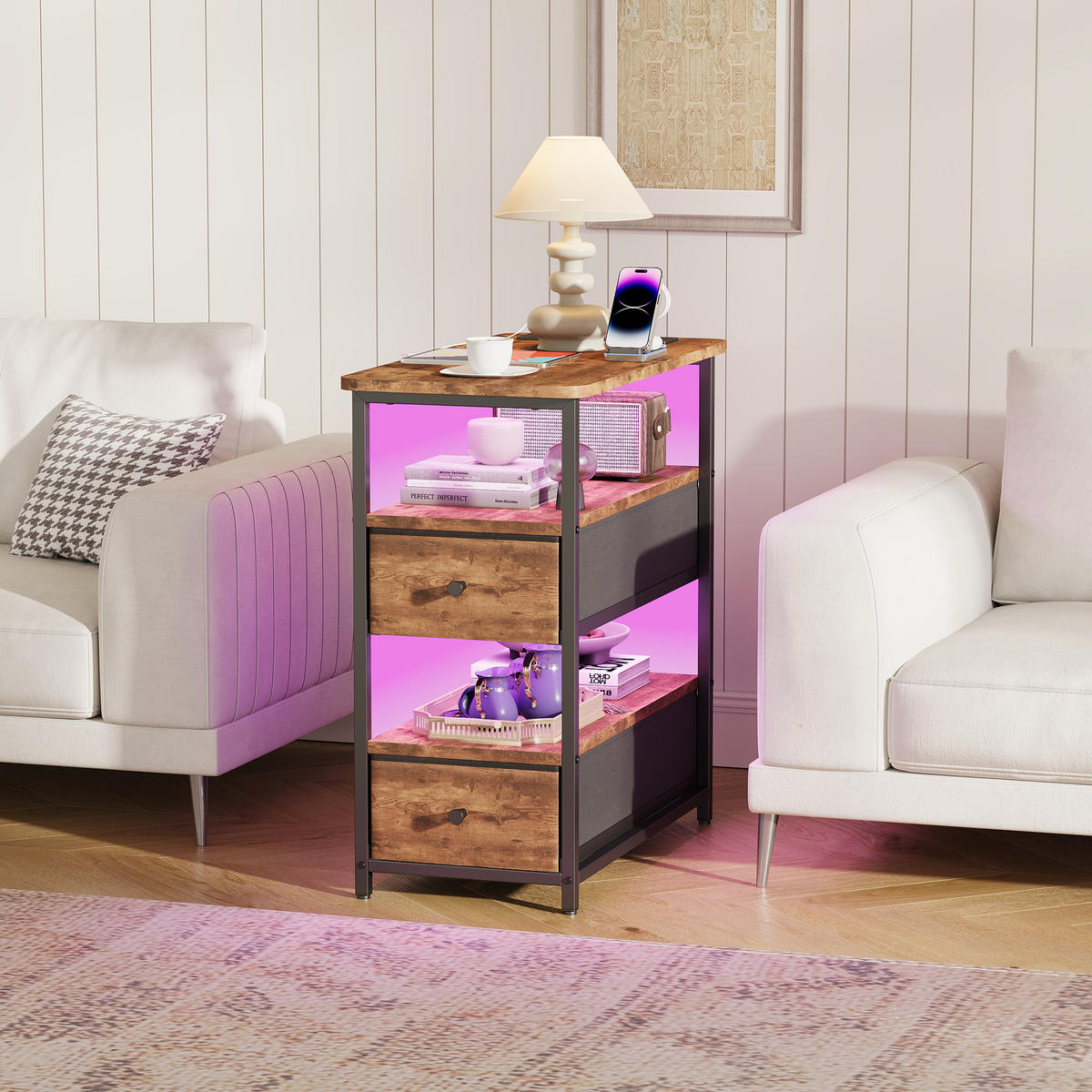 NACHTTISCH LED USB 2 Schubladen 2 Fächer Vintage braun - Braun, Holz (58/28/60.5cm) - LEBENLANG