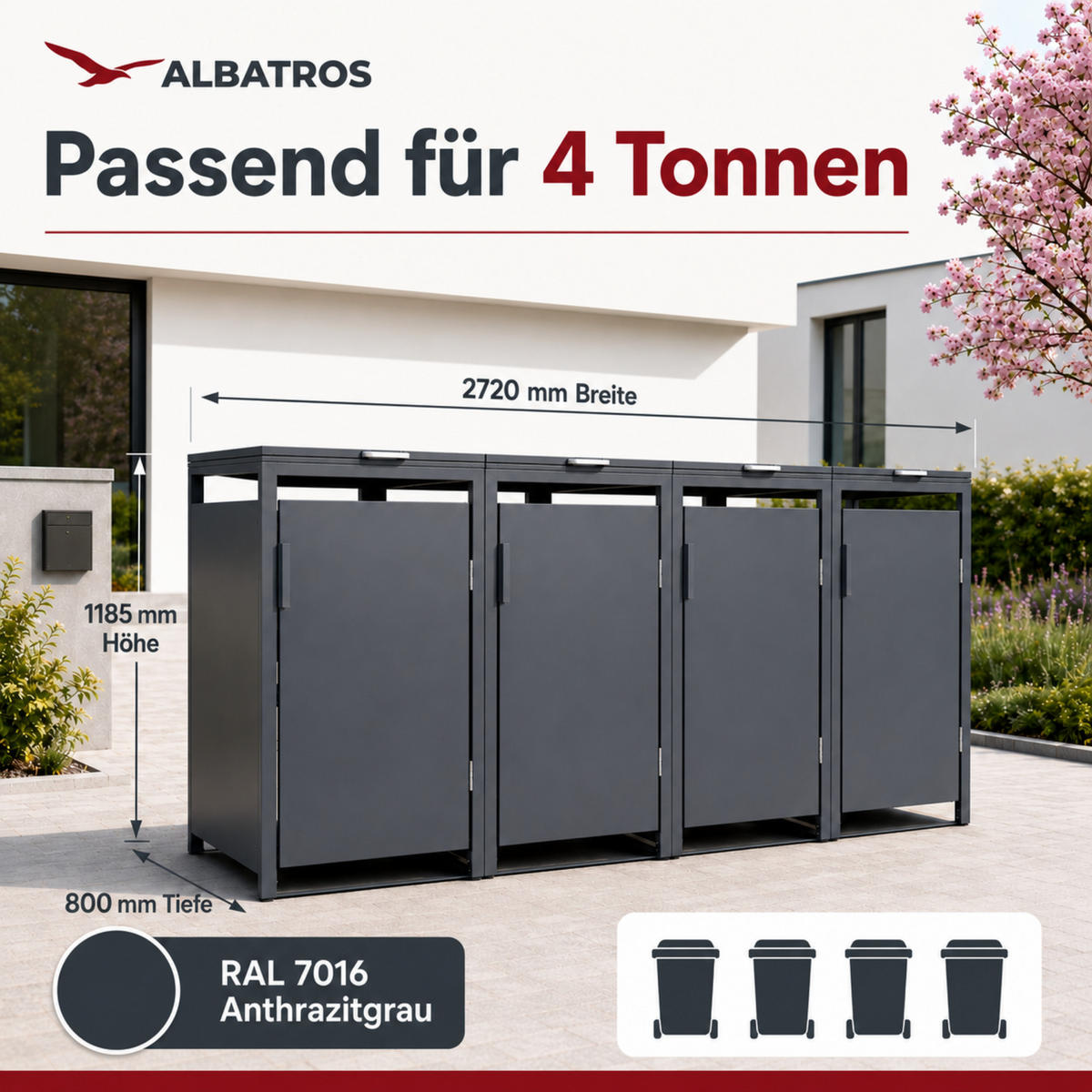 MÜLLTONNENBOX für Hauswände 4er, MTW4 - Anthrazit, Metall (272/118/80cm) - Albatros