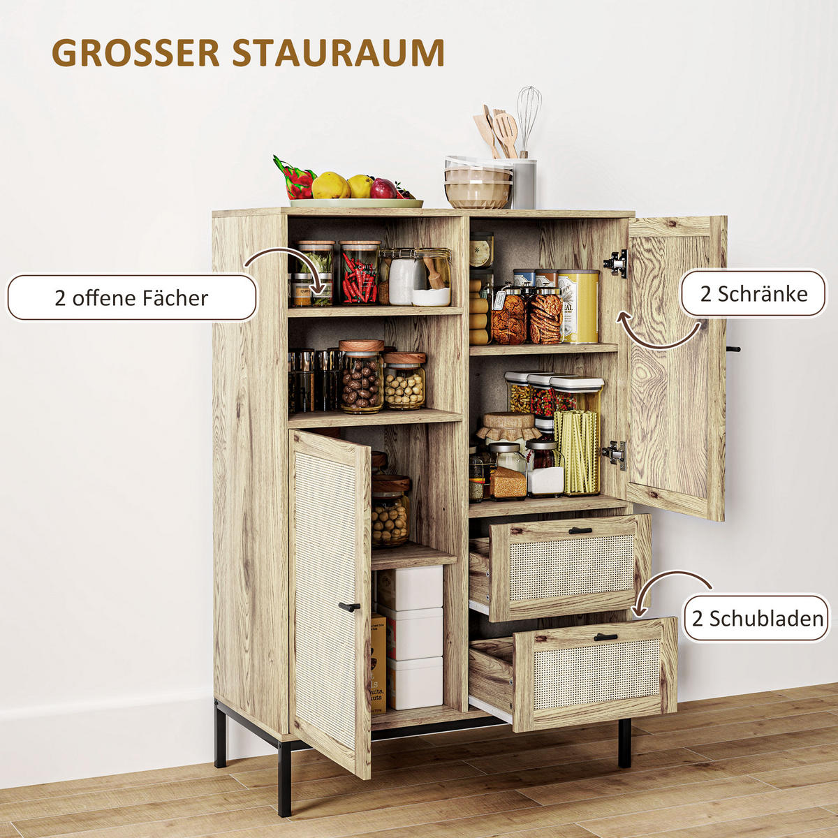 KOMMODE mit Rattan-Türen, Metallrahmen - Naturfarben, Holzwerkstoff (80/120/40cm) - HOMCOM